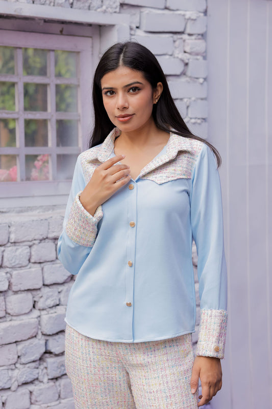 Colourful tweed Blue shirt with pants with gold buttons detailing Co Ord Set ESWSH0024-CLRGB