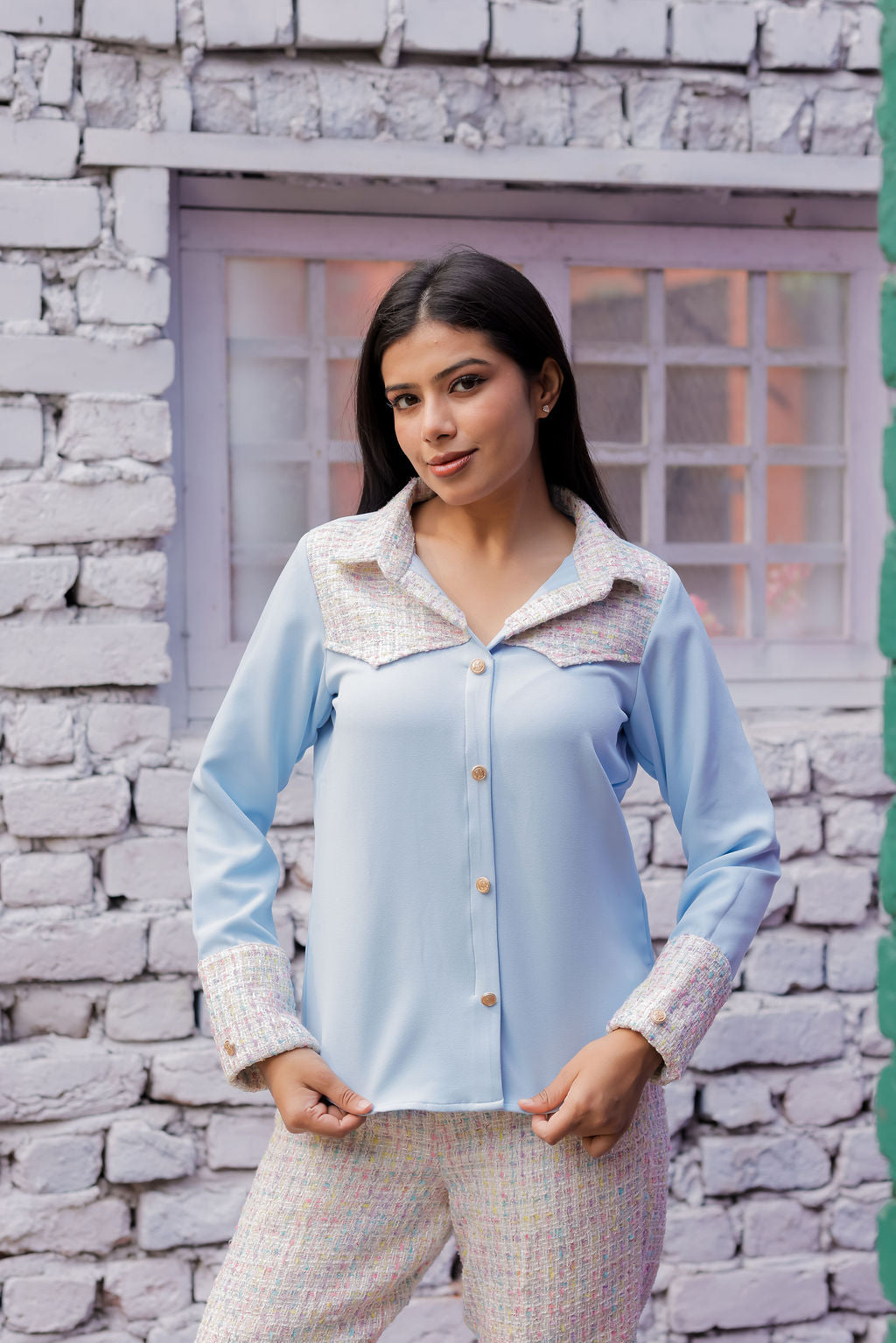 Colourful tweed shirt with blue fabric ESWSH0024-CLRGB