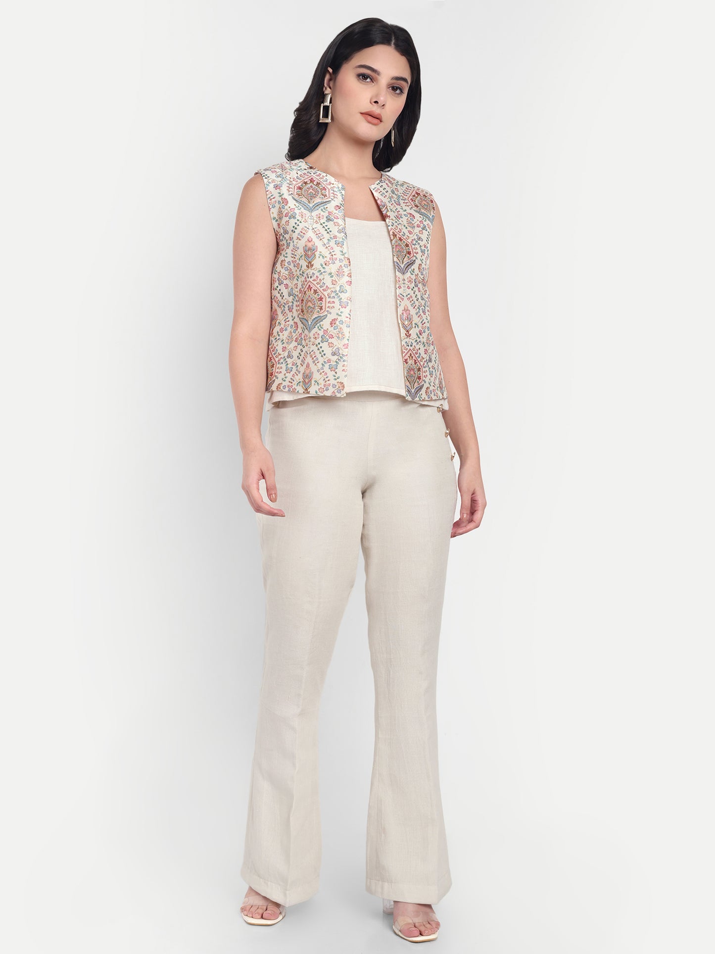 Cream 3-piece Coord Set with embroidered jacket-Esseneur