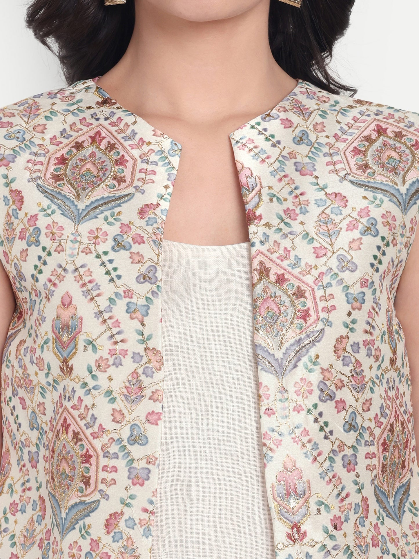 Cream 3-piece Coord Set with embroidered jacket-Esseneur