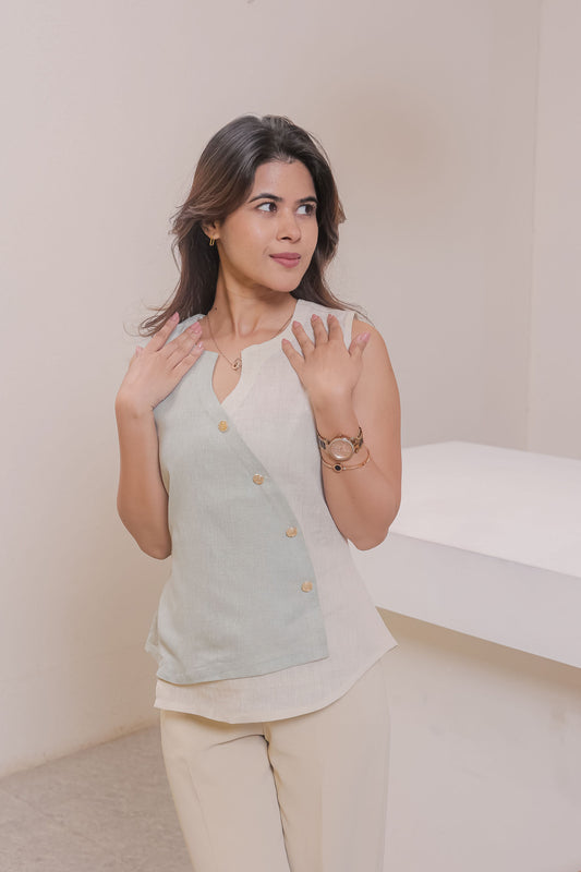 Light green and cream flap pattern linen top EWTP0033-GRNLN