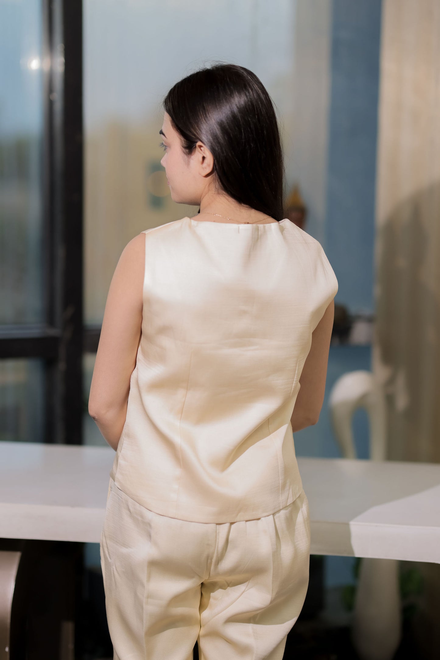 Cream Linen waistcoat with gold applique EWTP0070-CREGA