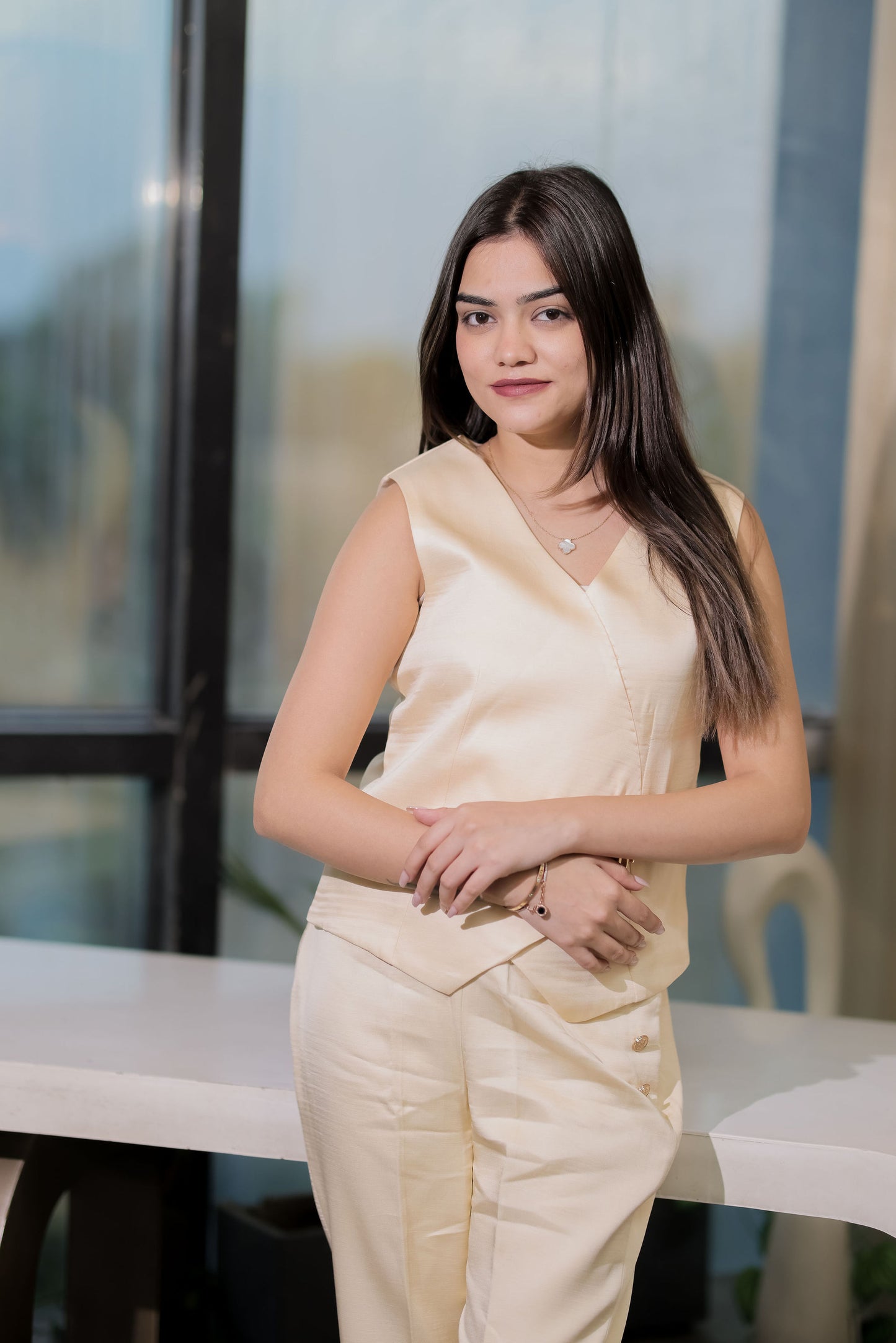 Cream Linen waistcoat with gold applique EWTP0070-CREGA