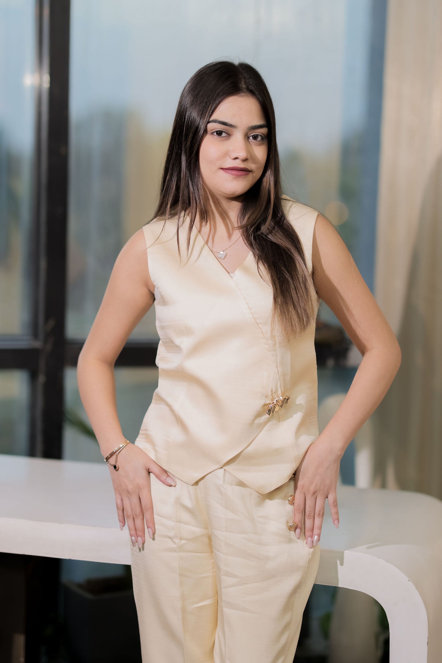 Cream Linen waistcoat with gold applique EWTP0070-CREGA