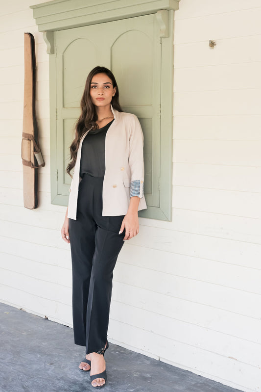 Cream crepe coat with houndstooth detailing and gold buttons & Pants Co ord set EWCO0041-CRMPT