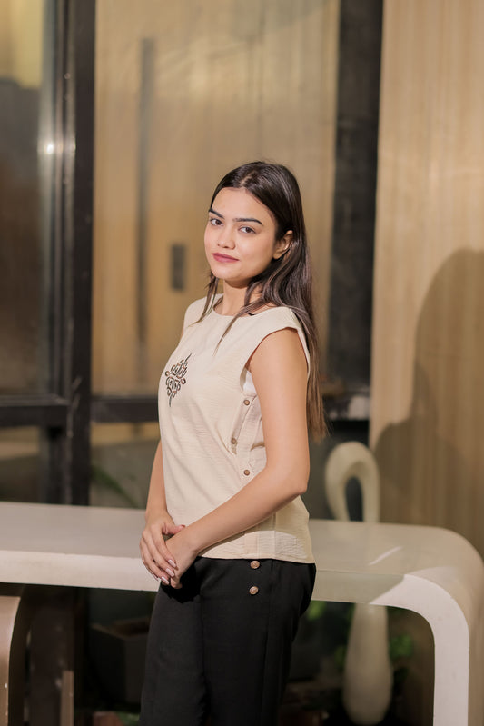 Cream linen with brown embroidery top EWTP0037-CREEB