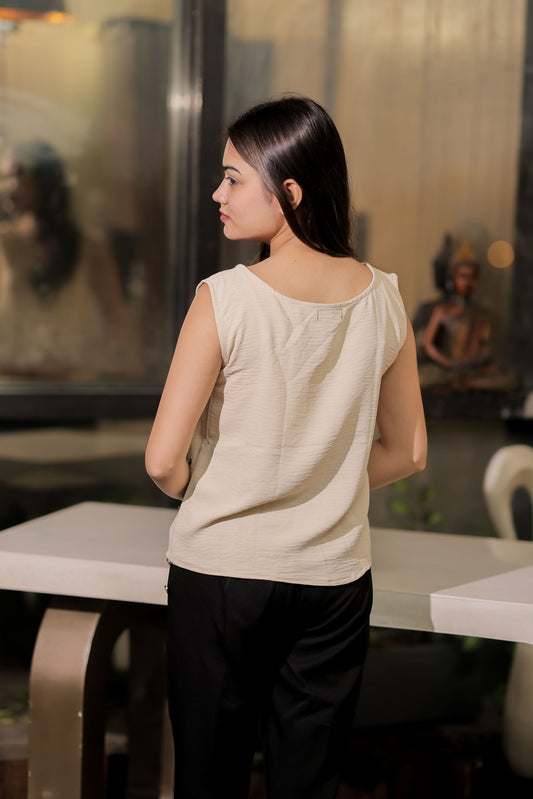 Cream linen with brown embroidery top EWTP0037-CREEB