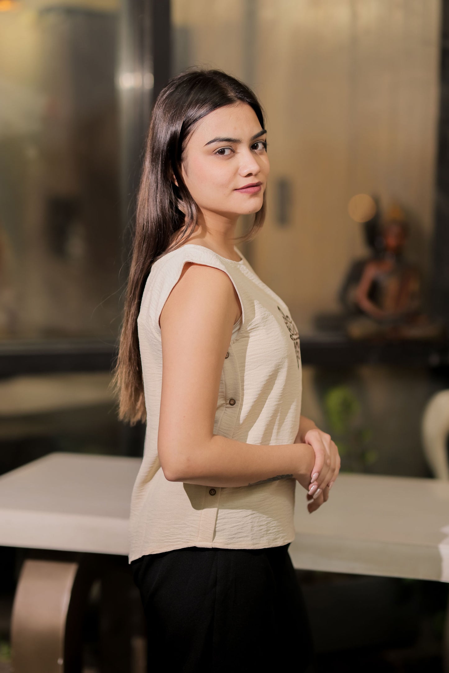 Cream linen with brown embroidery top EWTP0037-CREEB