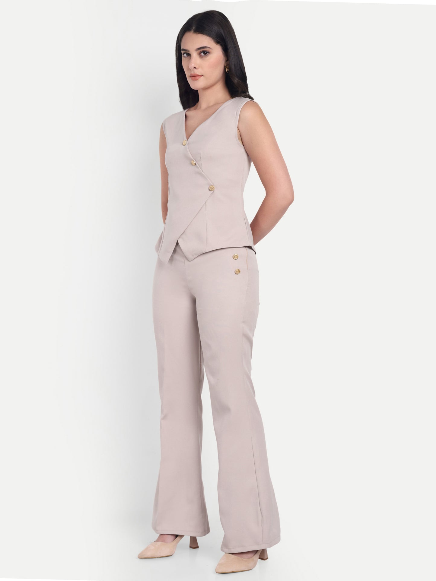 Cream Crepe waistcoat with gold buttons EWTP0069-CREGB