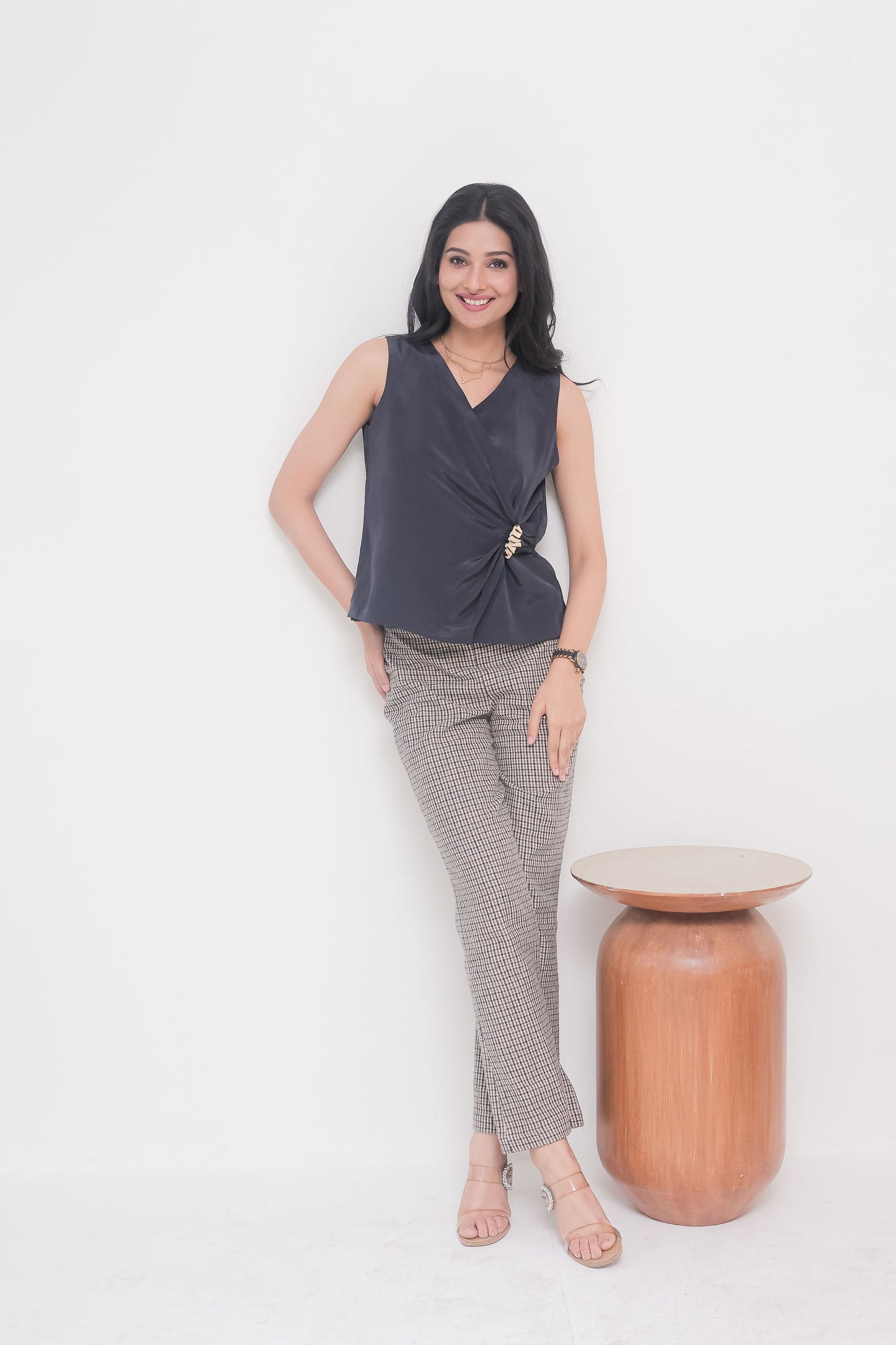 Blue top with gold applique on waist - esseneur.