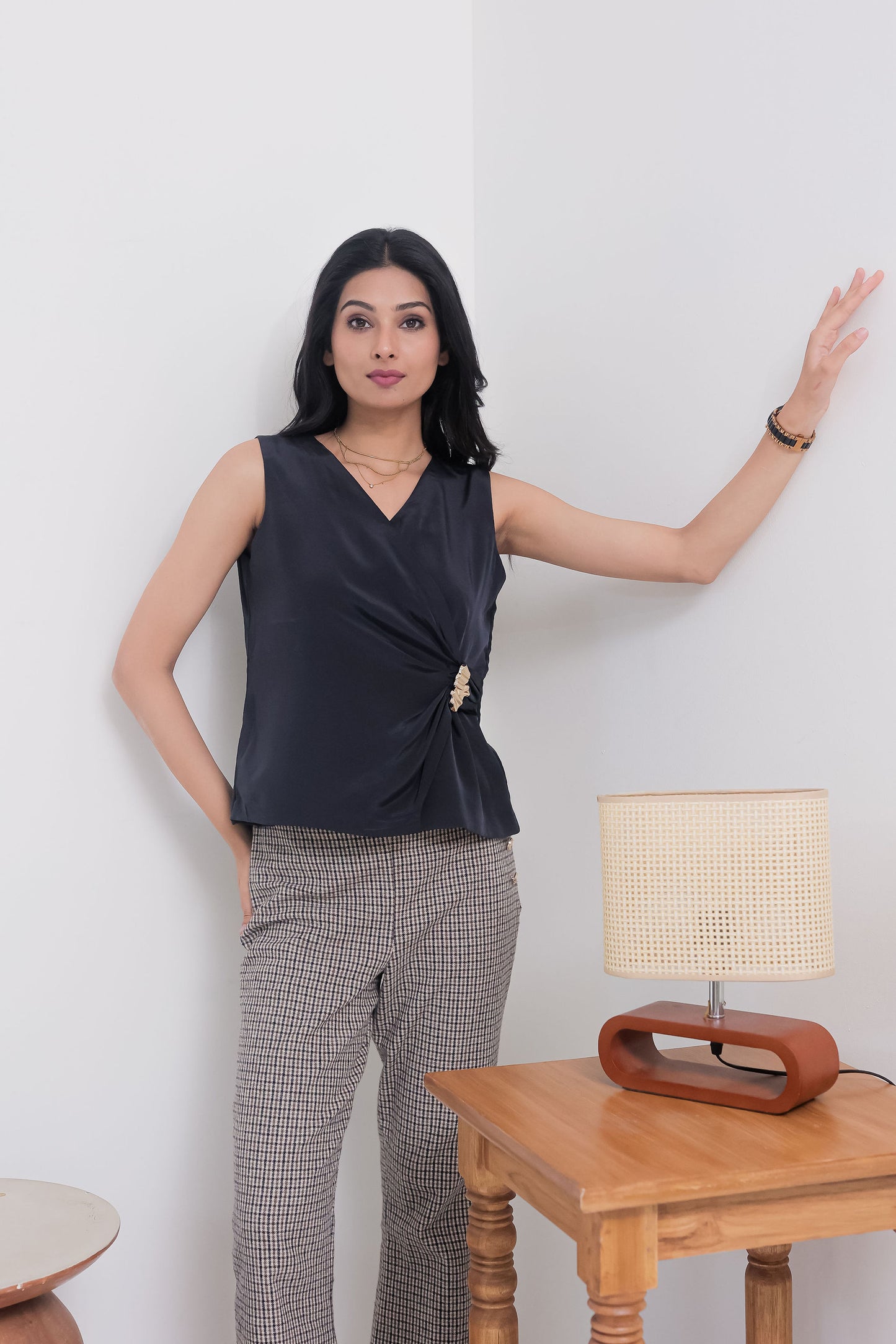 Blue top with gold applique on waist - esseneur.