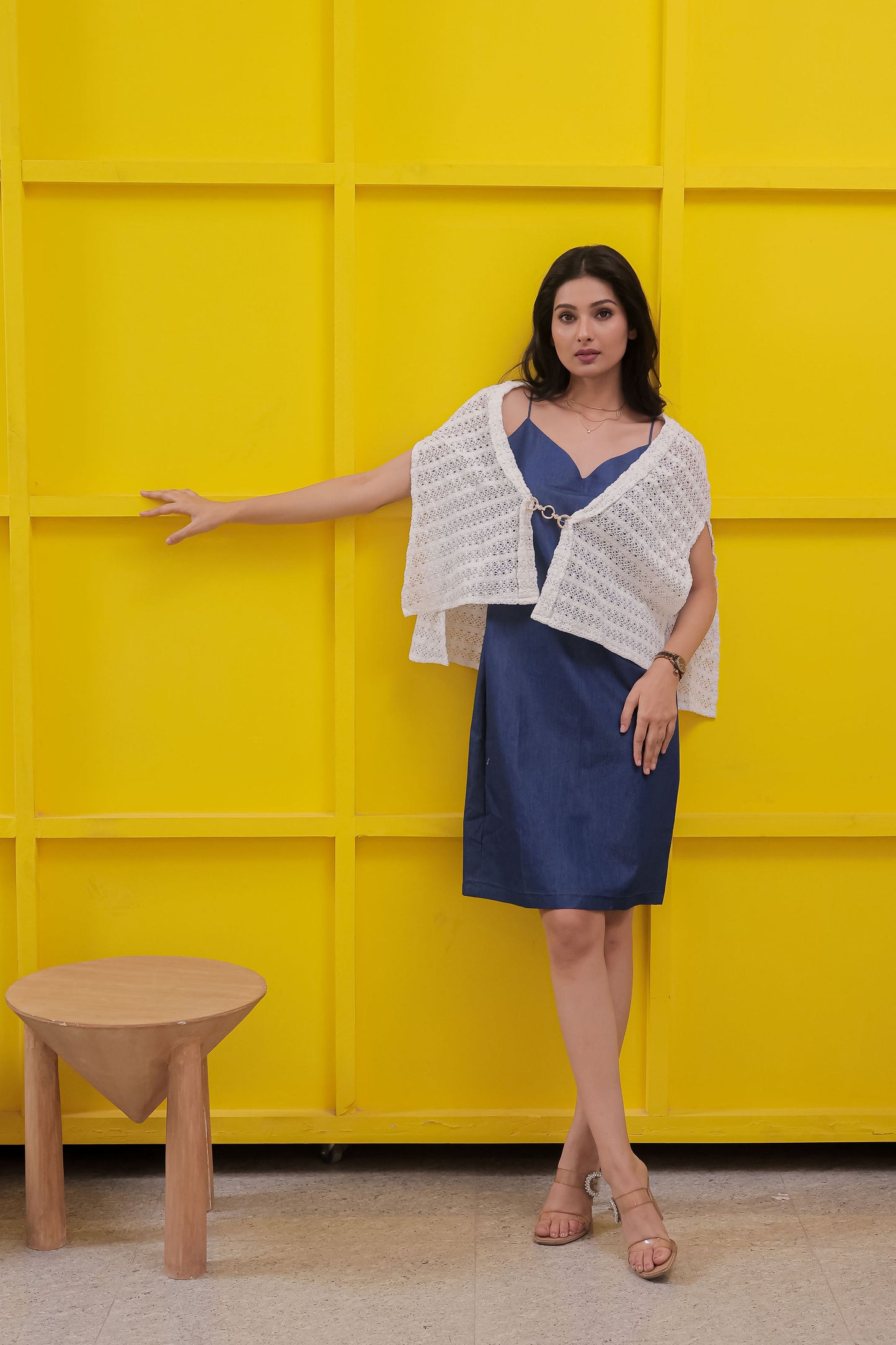 Blue denim dress with white crotia jacket-Esseneur