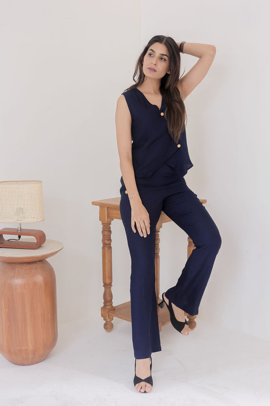 Navy co ord set with gold buttons-esseneur