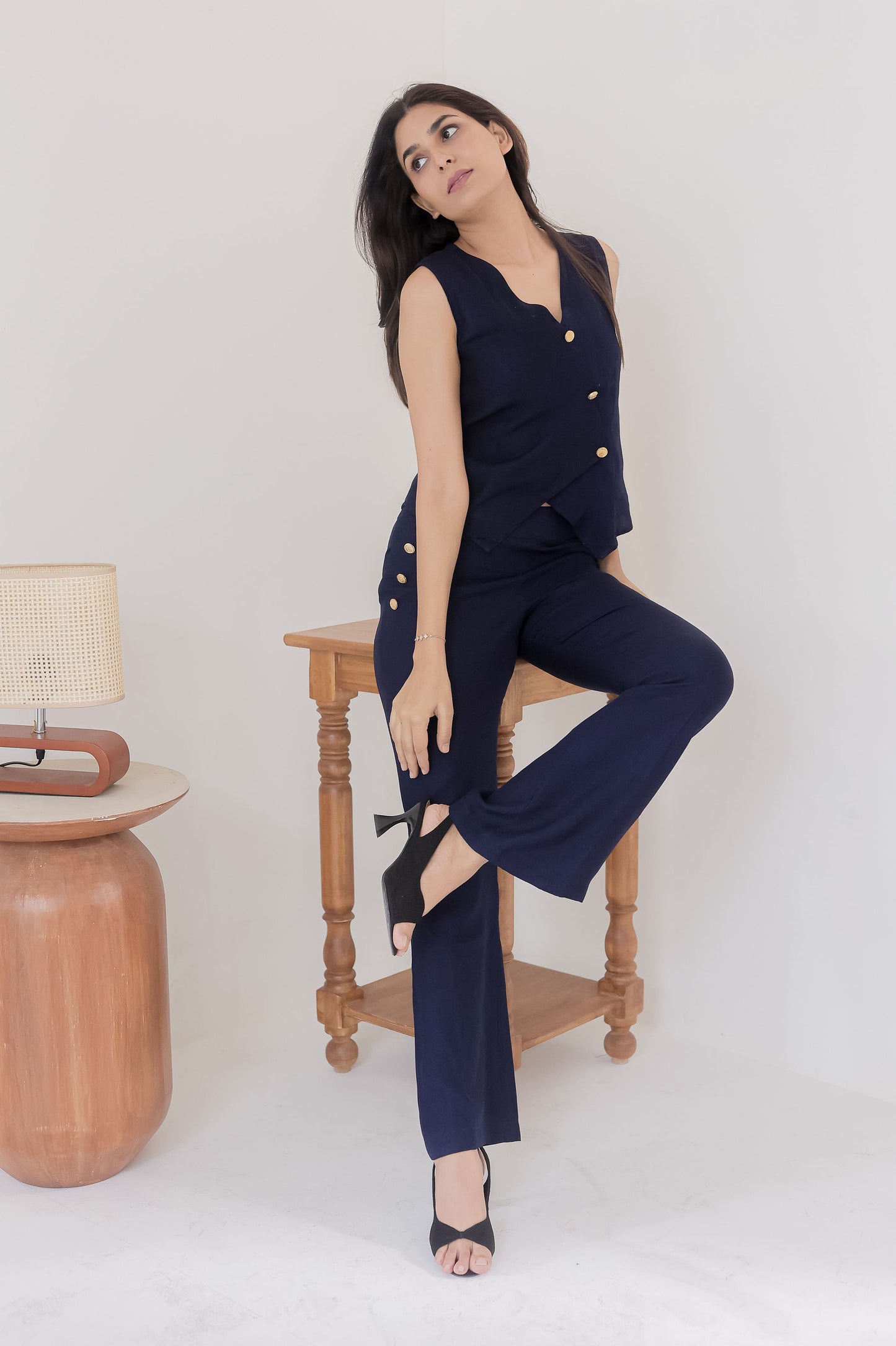 Navy co ord set with gold buttons-esseneur