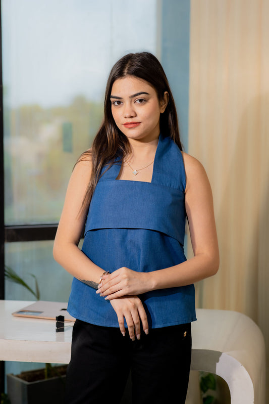 Denim halter neck sleeveless top - esseneur.
