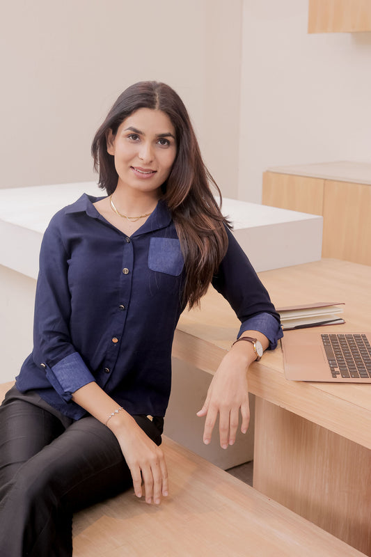 Dark blue denim shirt with gold buttons-Esseneur