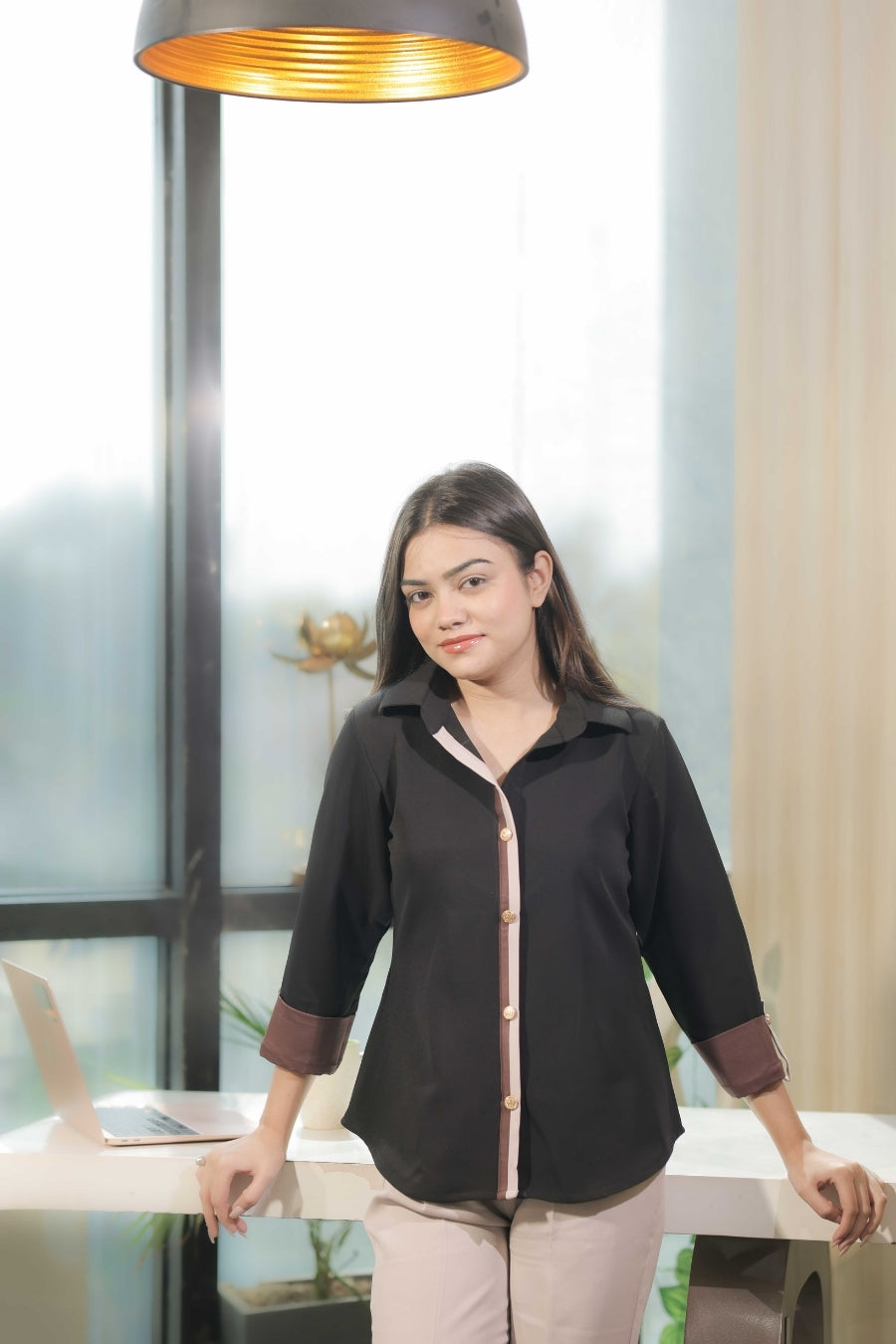 Black Signature shirt with brown and cream detailing-esseneur