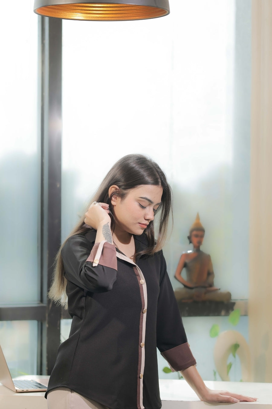 Black Signature shirt with brown and cream detailing-esseneur