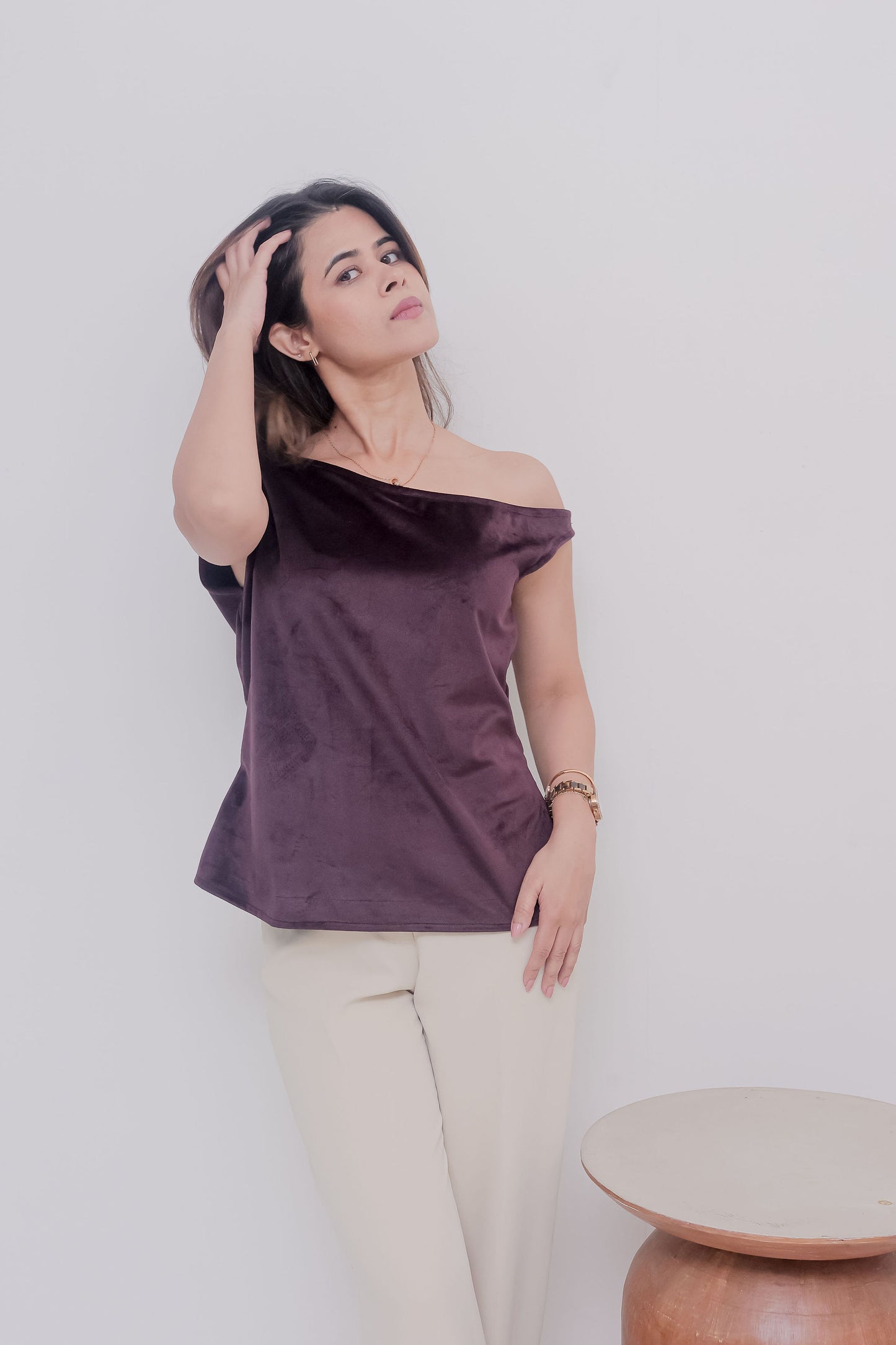 Wine Velvet off shoulder top - esseneur.