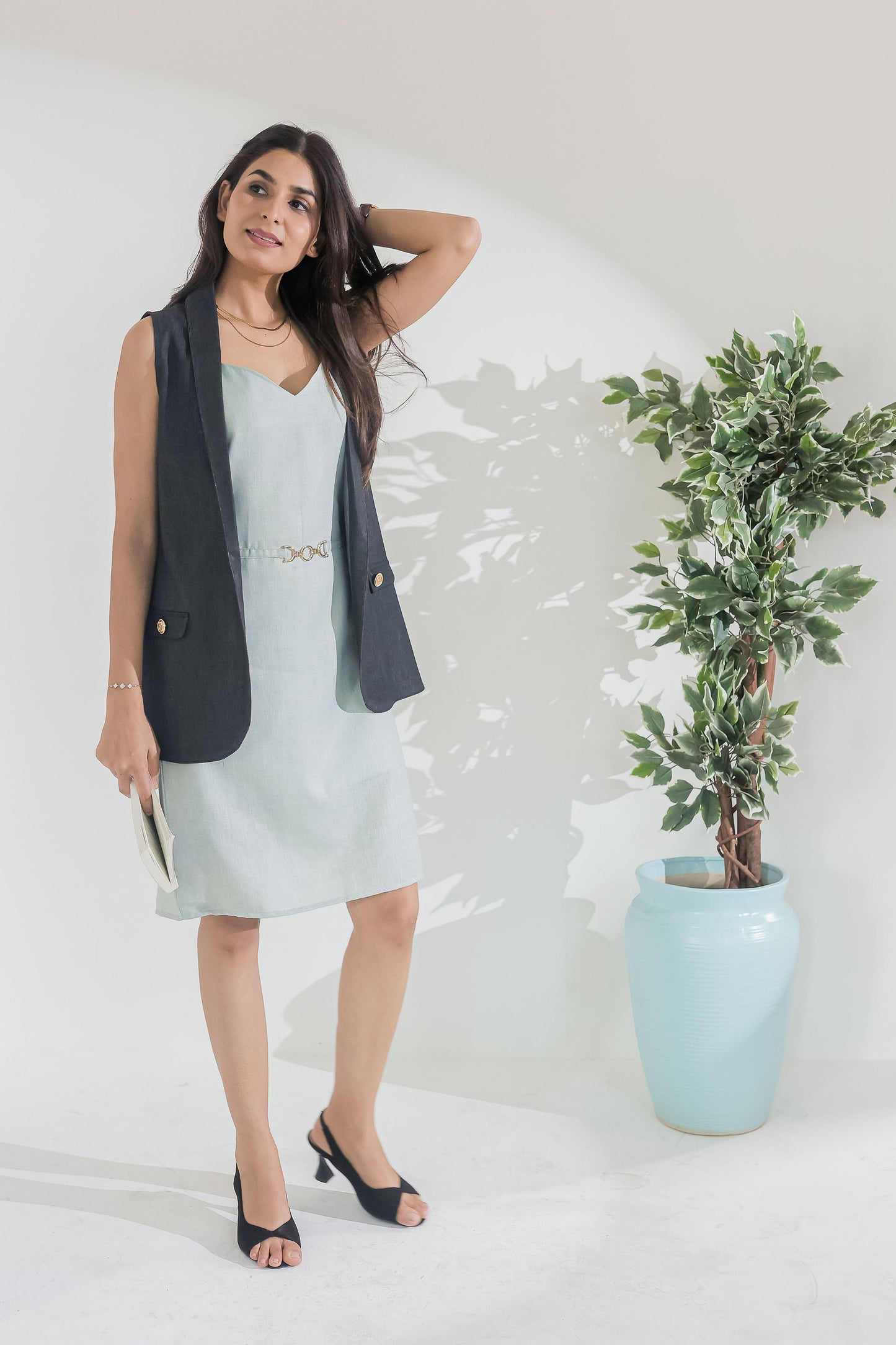 Green linen dress with Dark grey denim jacket-Esseneur