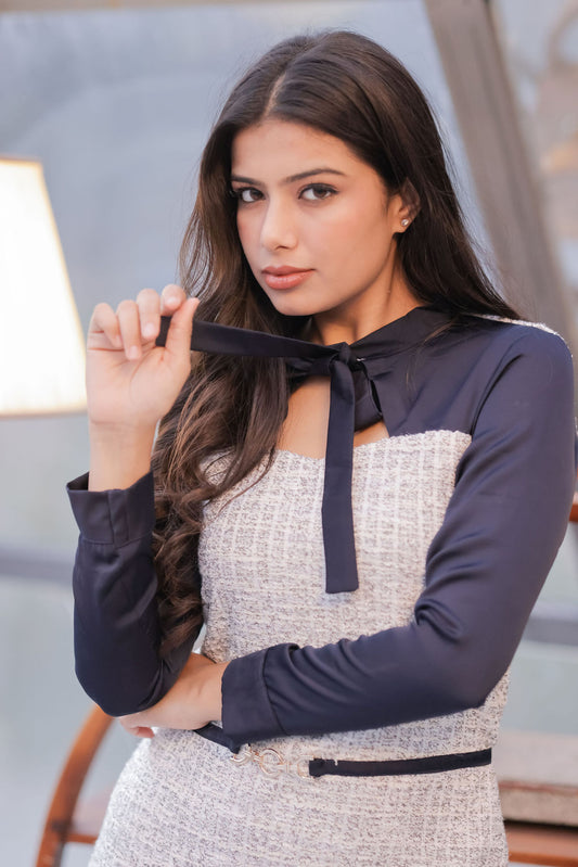 Grey & Black tweed dress with dark blue sleeves detailing ESWDR0025-GRYBL