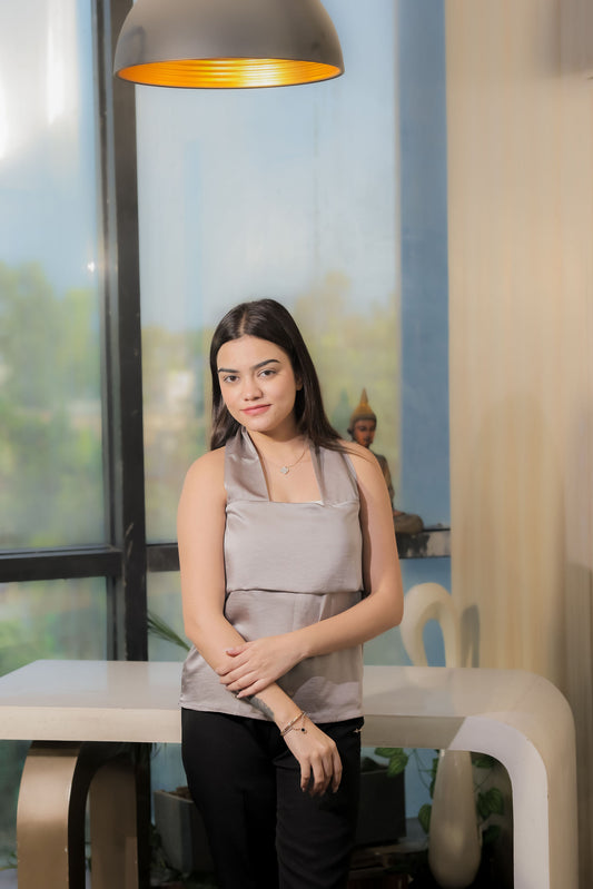 Grey boxy halter neck sleeveless top- esseeur.