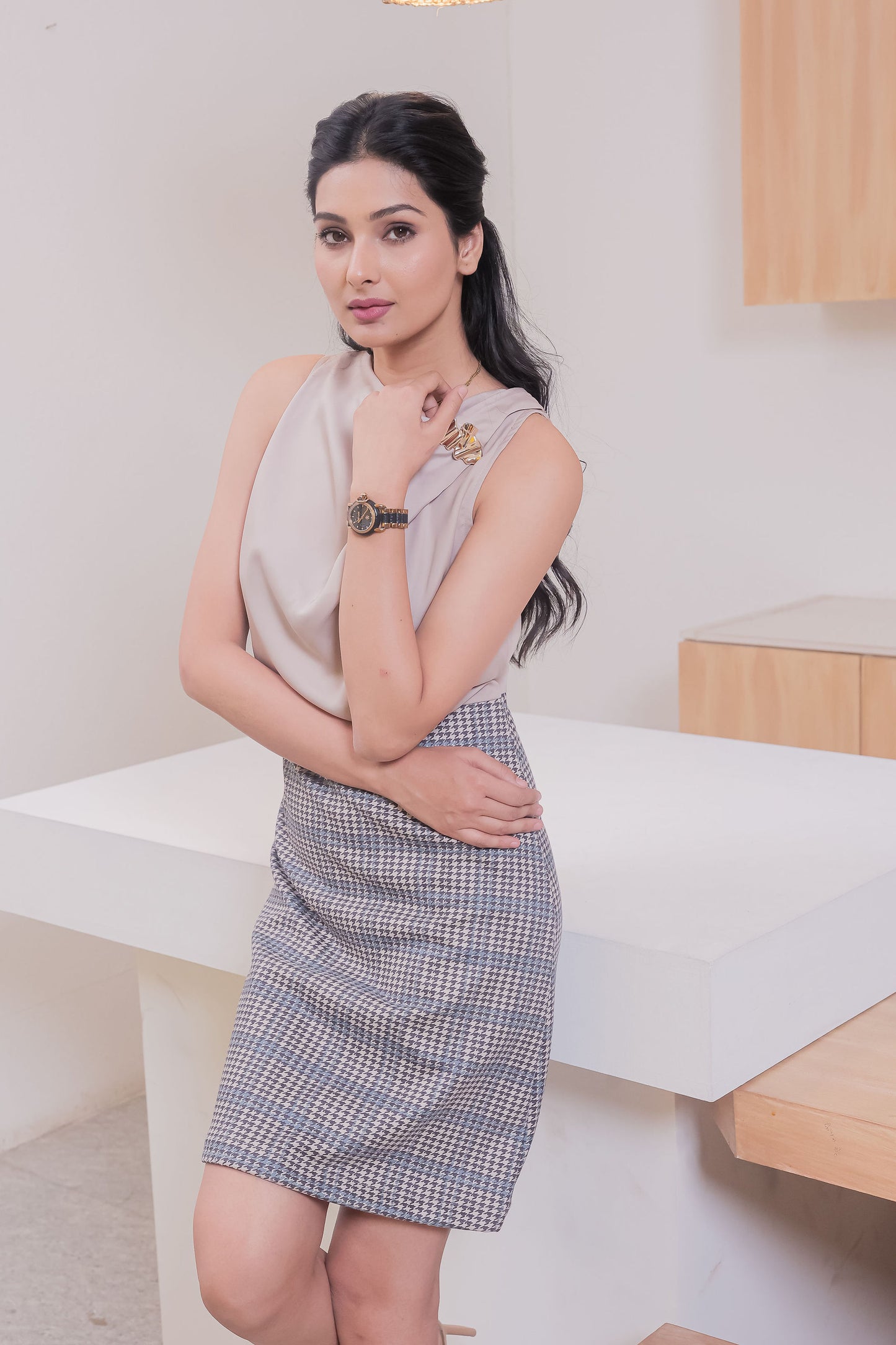 cream and Houndstooth print dress with gold applique-esseneur