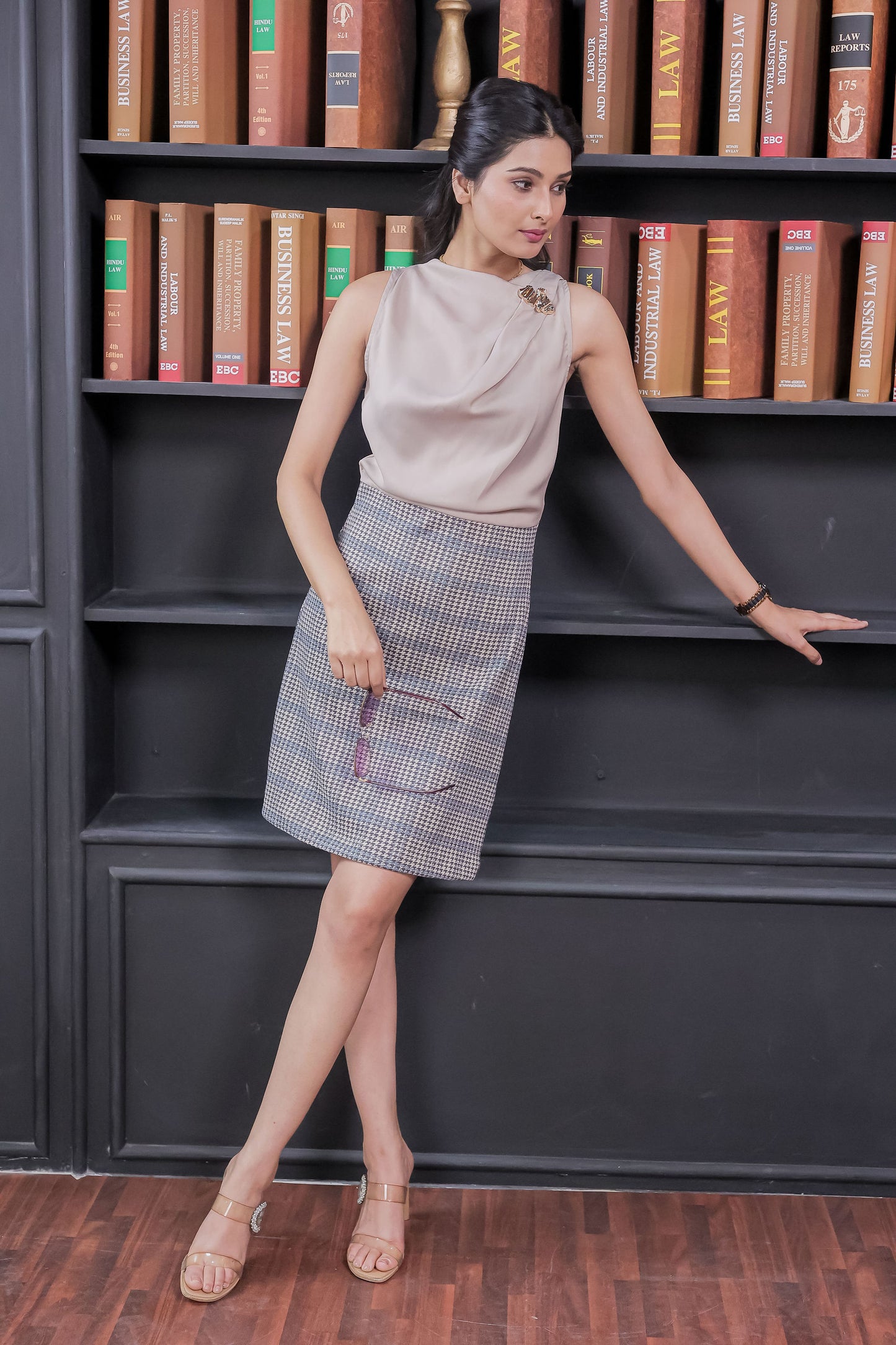 cream and Houndstooth print dress with gold applique-esseneur