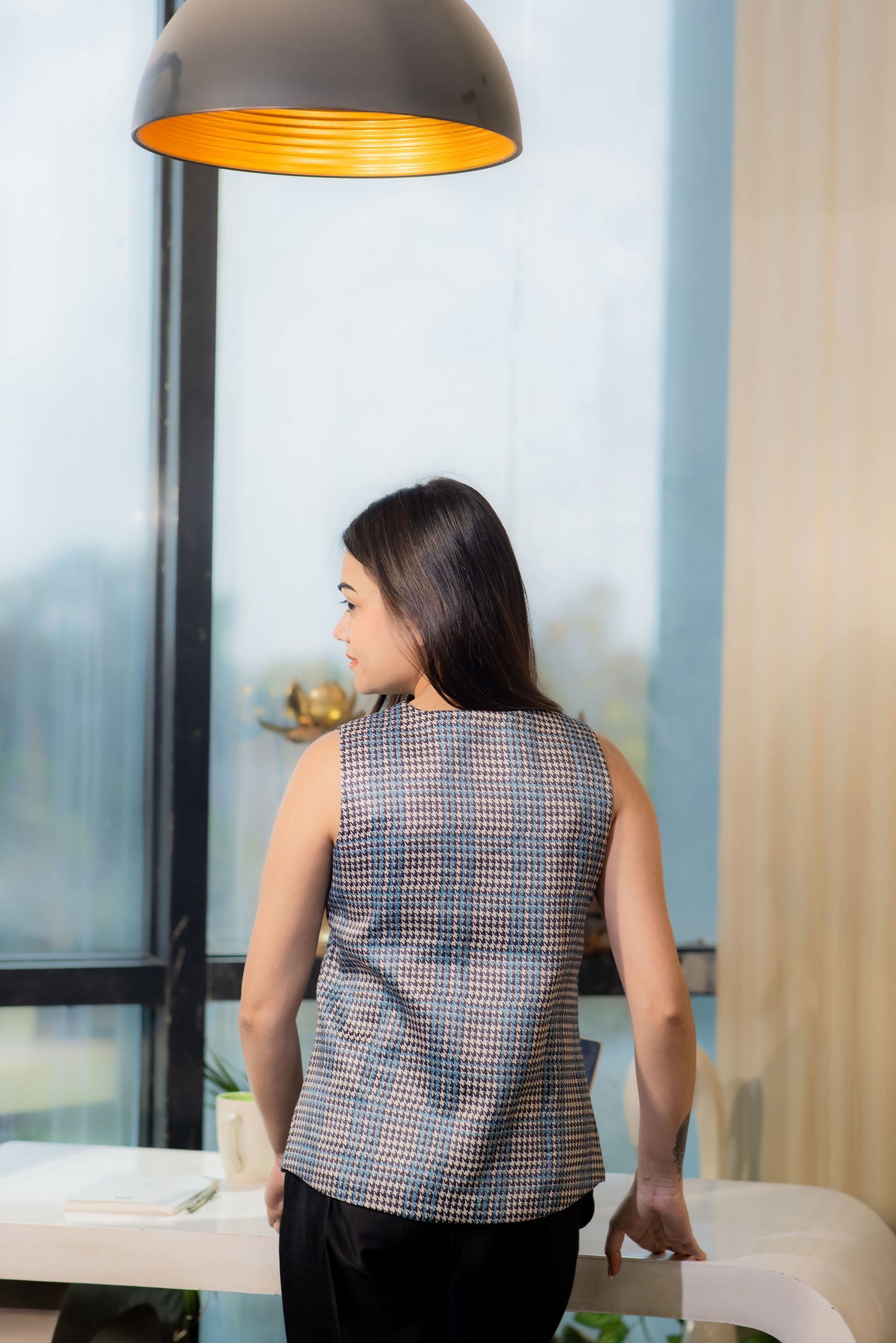 Houndstooth waistcoat with gold applique and black pants-Esseneur