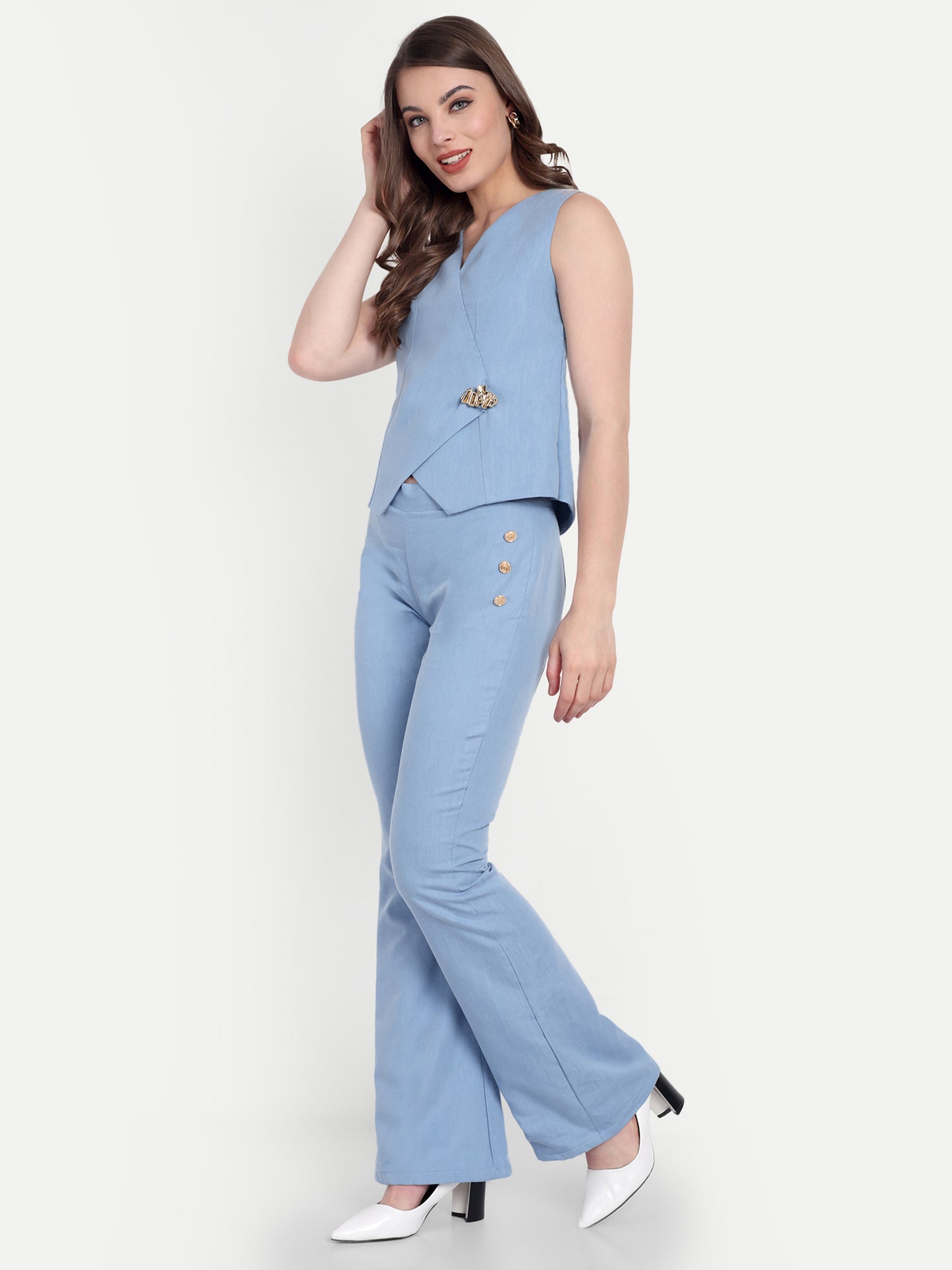 Light blue denim co ord set with gold applique on waistcoat-esseneur
