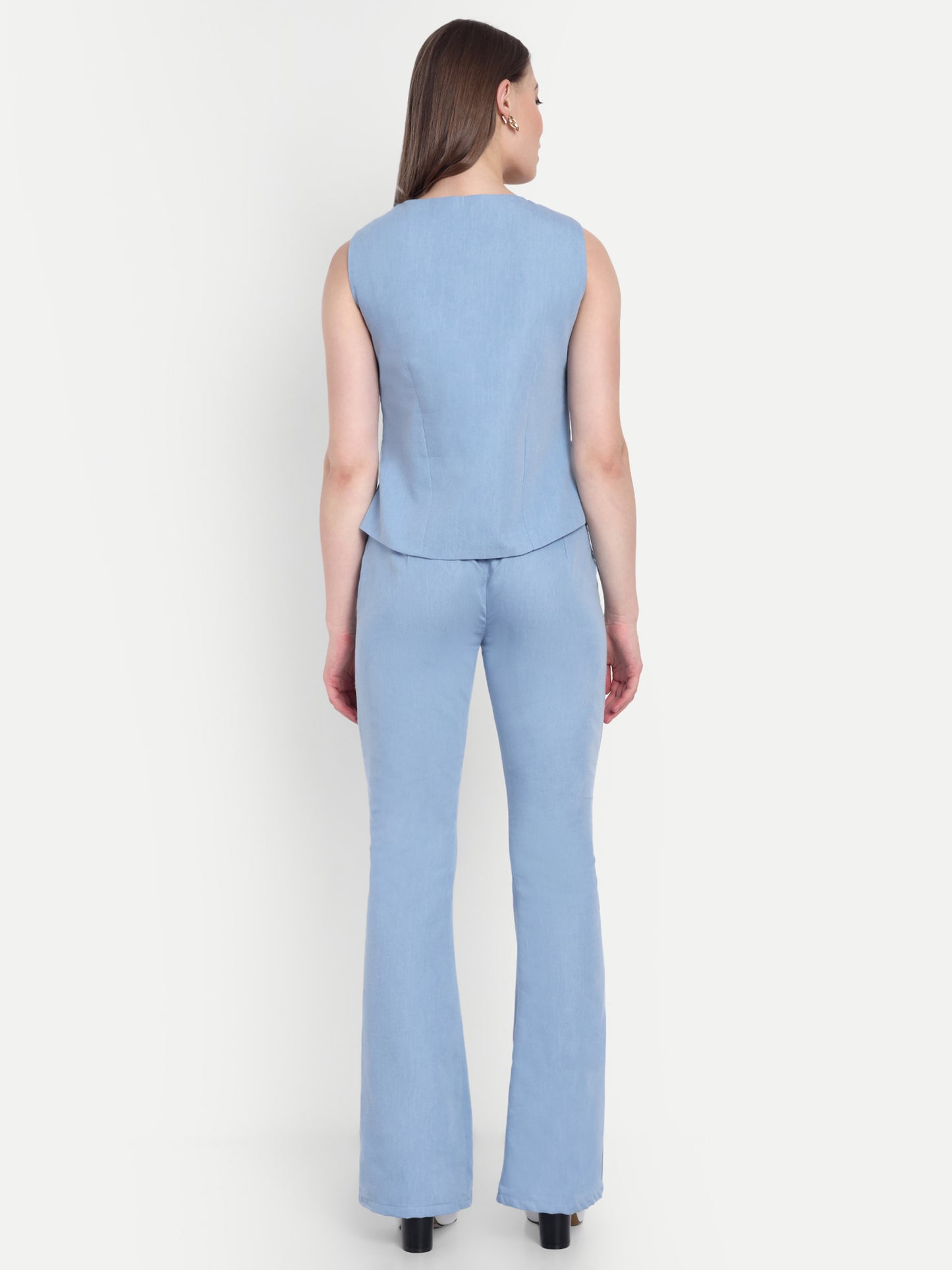 Light blue denim co ord set with gold applique on waistcoat-esseneur
