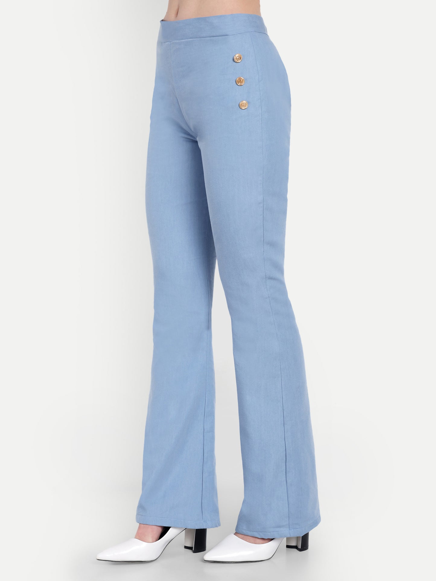 Light blue denim co ord set with gold applique on waistcoat-esseneur