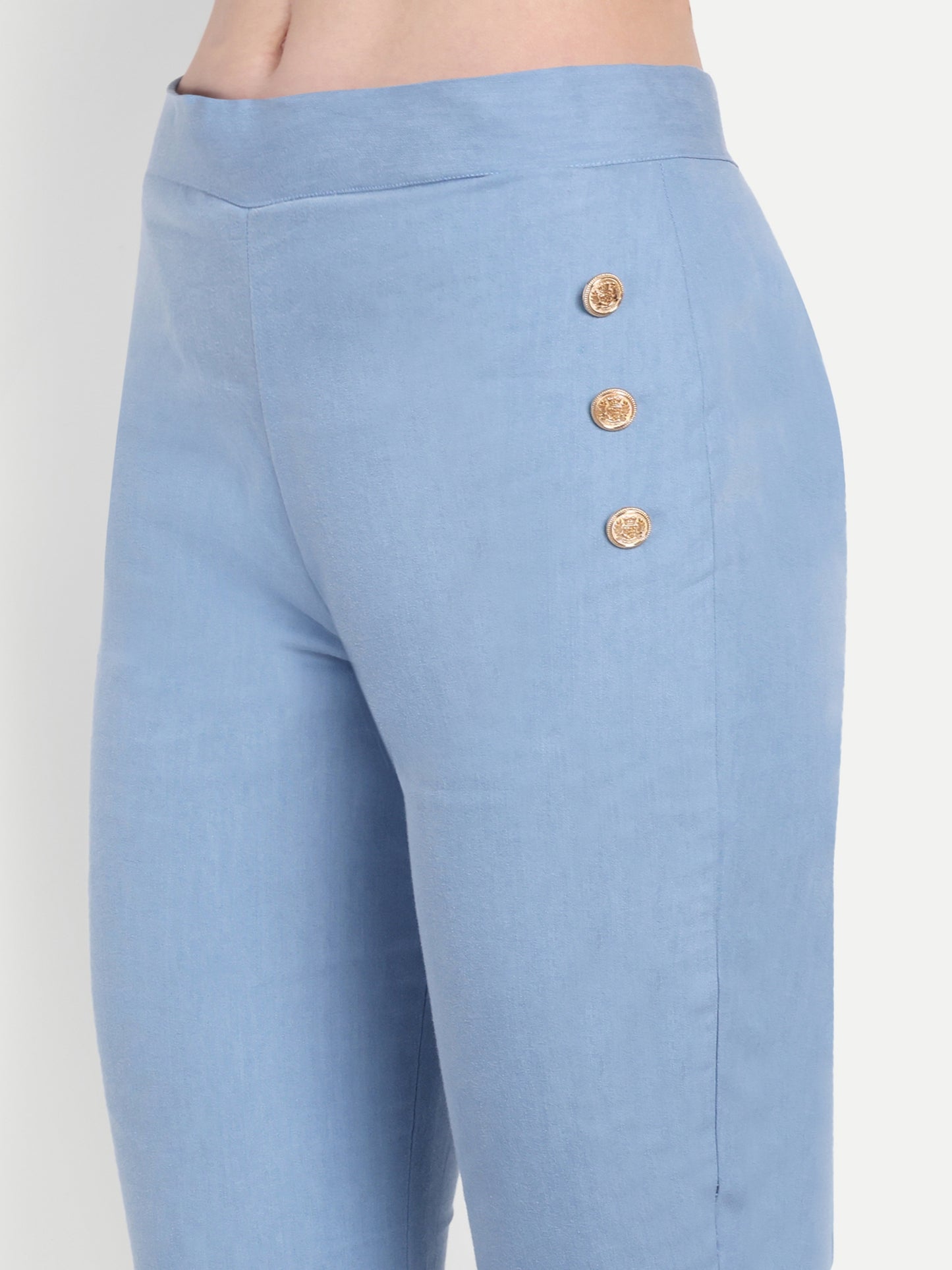 Light blue denim co ord set with gold applique on waistcoat-esseneur