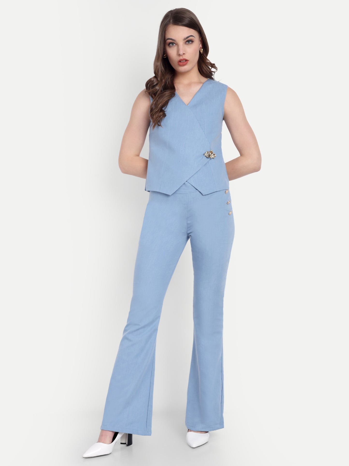 Light blue denim co ord set with gold applique on waistcoat-esseneur