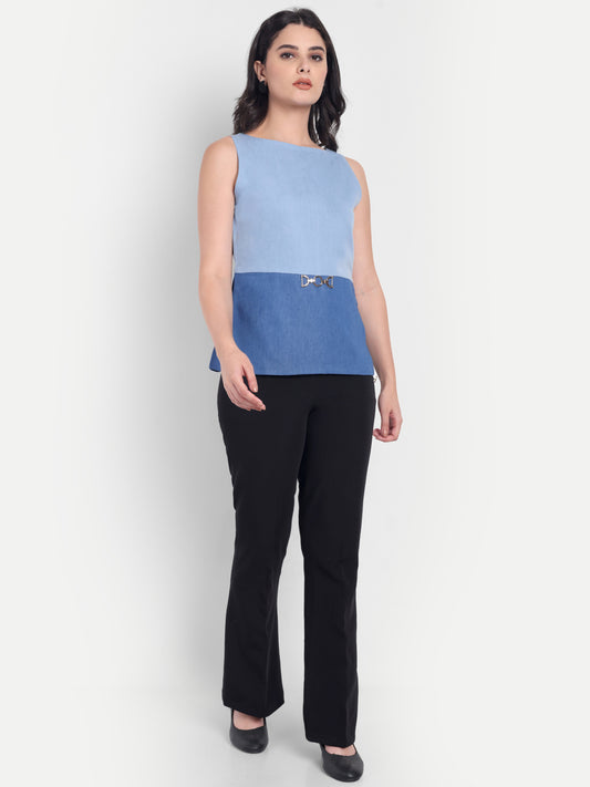 Two colour blue denim top with gold applique without sleeves EWTP0029-BLUTC