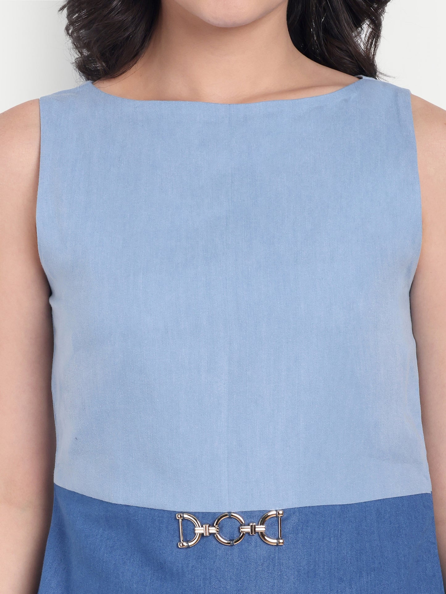 Two colour blue denim top with gold applique without sleeves EWTP0029-BLUTC