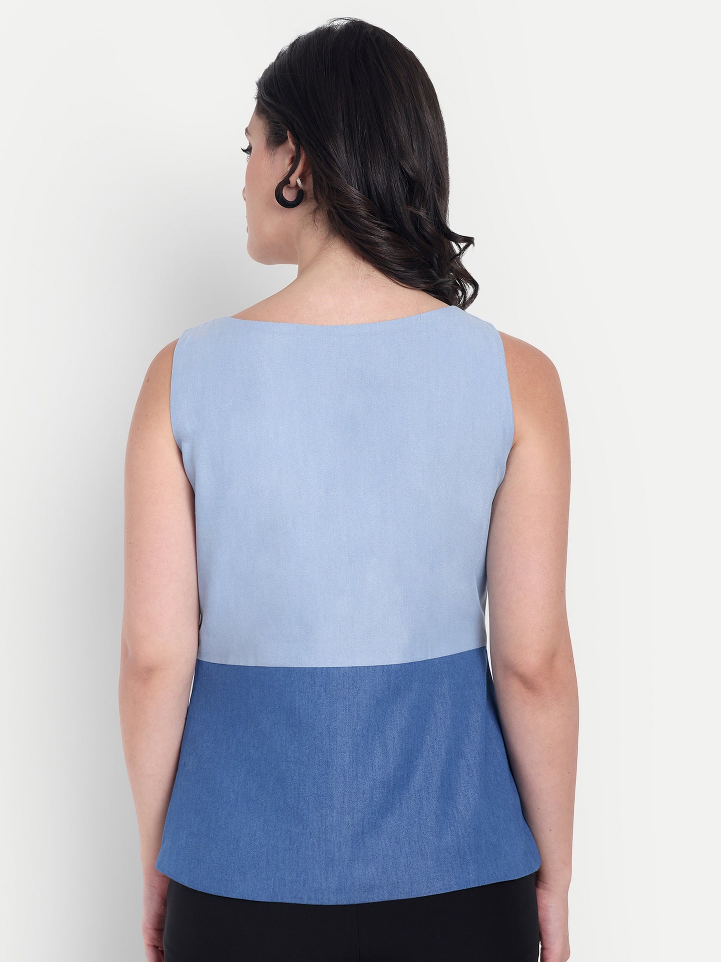 Two colour blue denim top with gold applique without sleeves EWTP0029-BLUTC