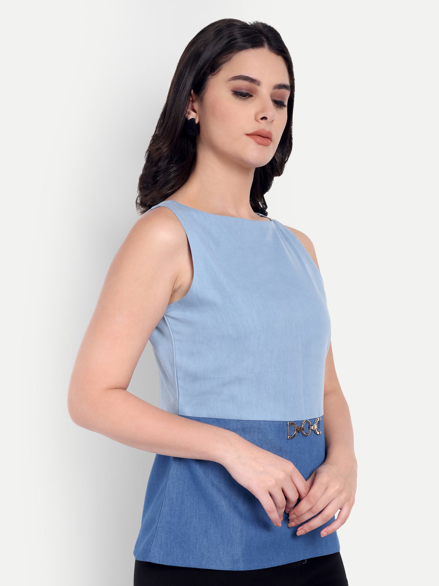 Two colour blue denim top with gold applique without sleeves EWTP0029-BLUTC