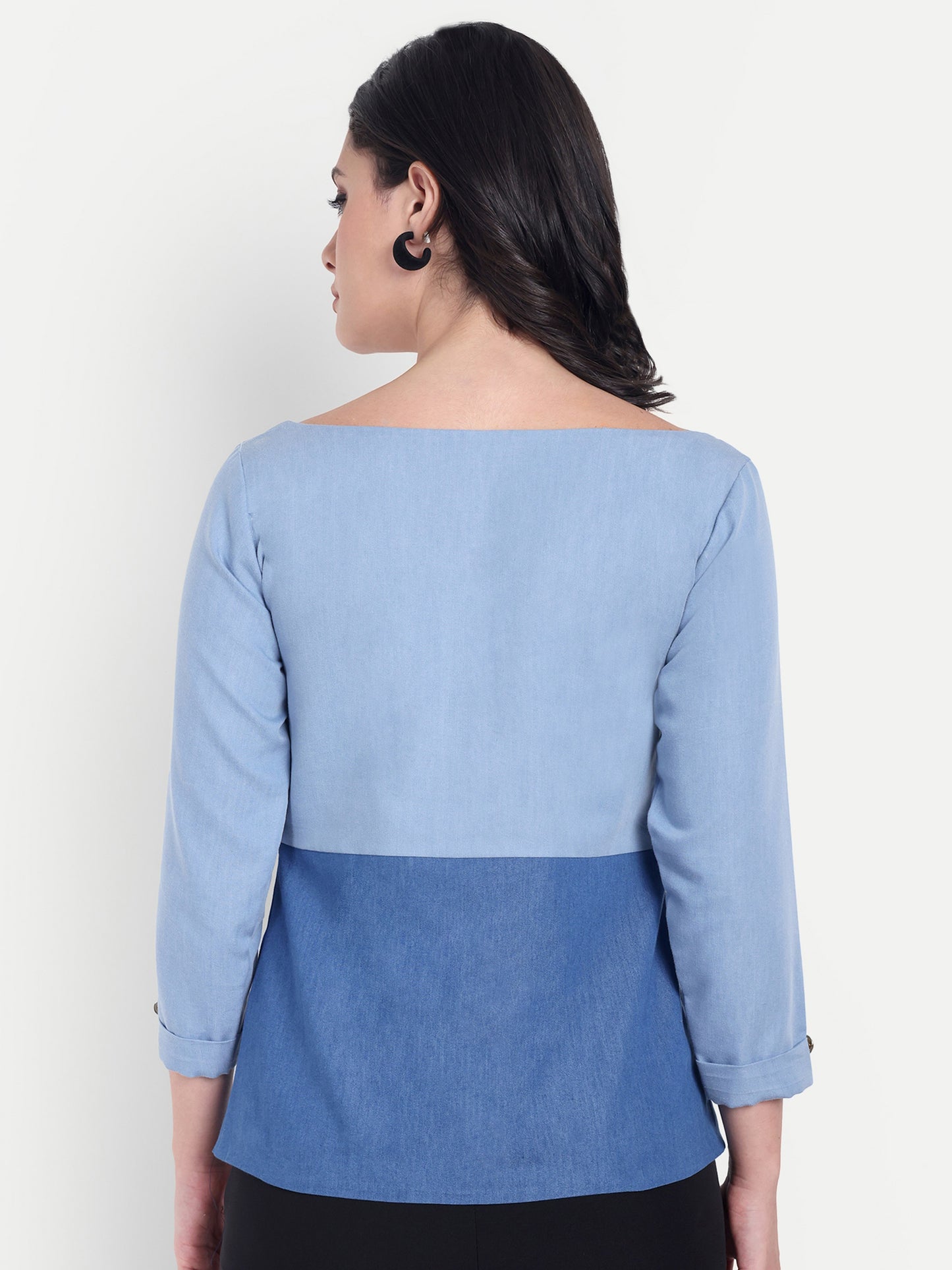 Light blue and dark denim two fabric top with sleeves and gold applique