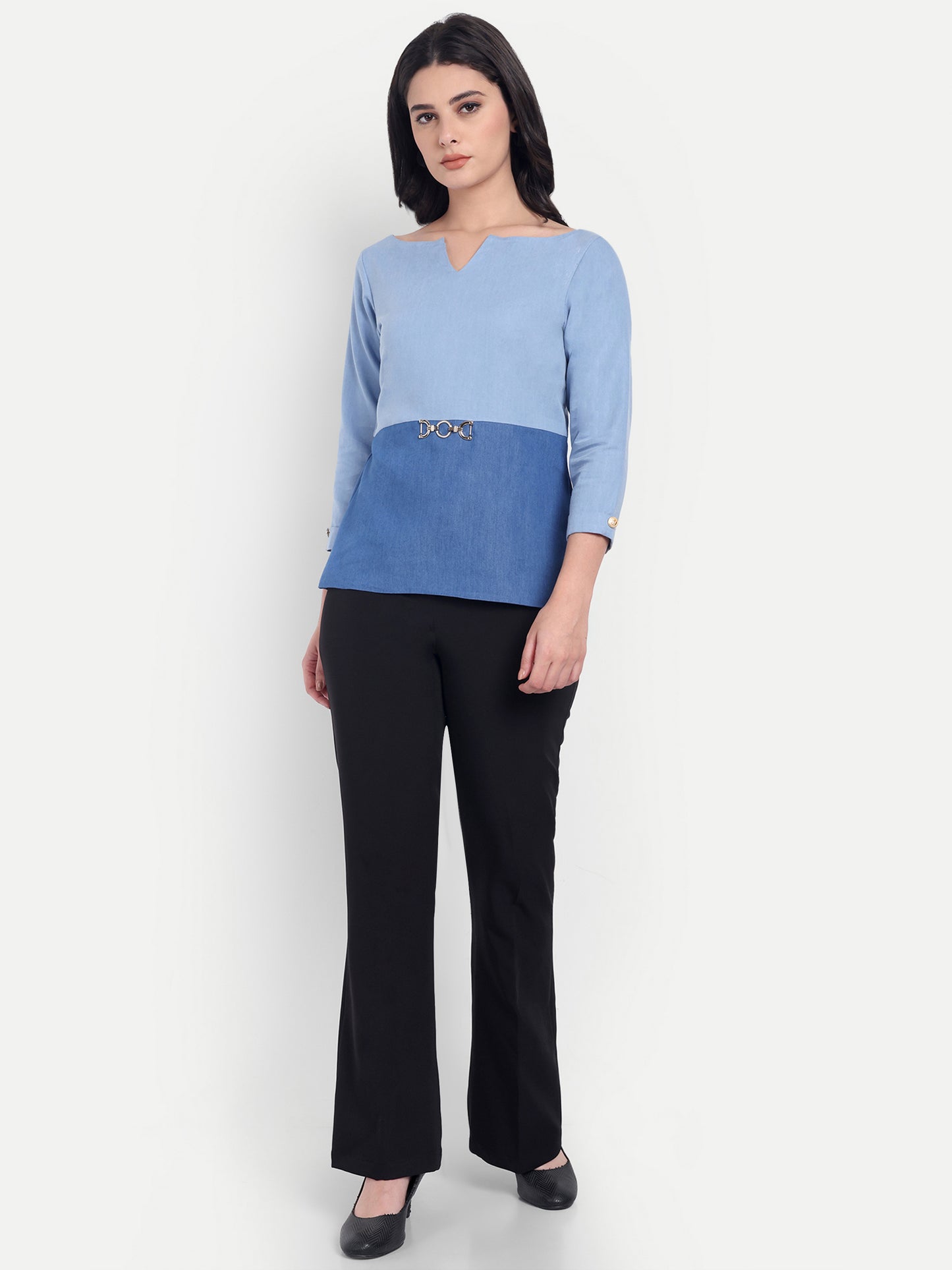 Light blue and dark denim two fabric top with sleeves and gold applique