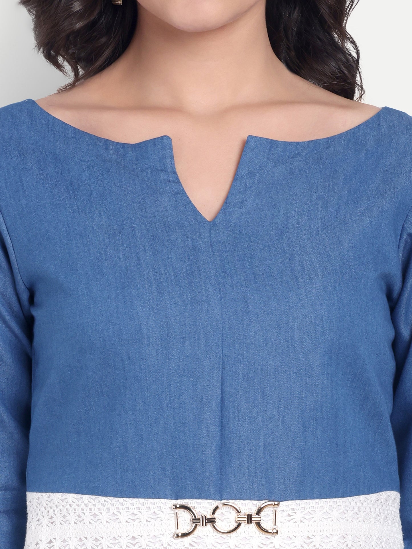 Blue denim top and white crotia cowl top with sleeves EWTP0030-BLUTC