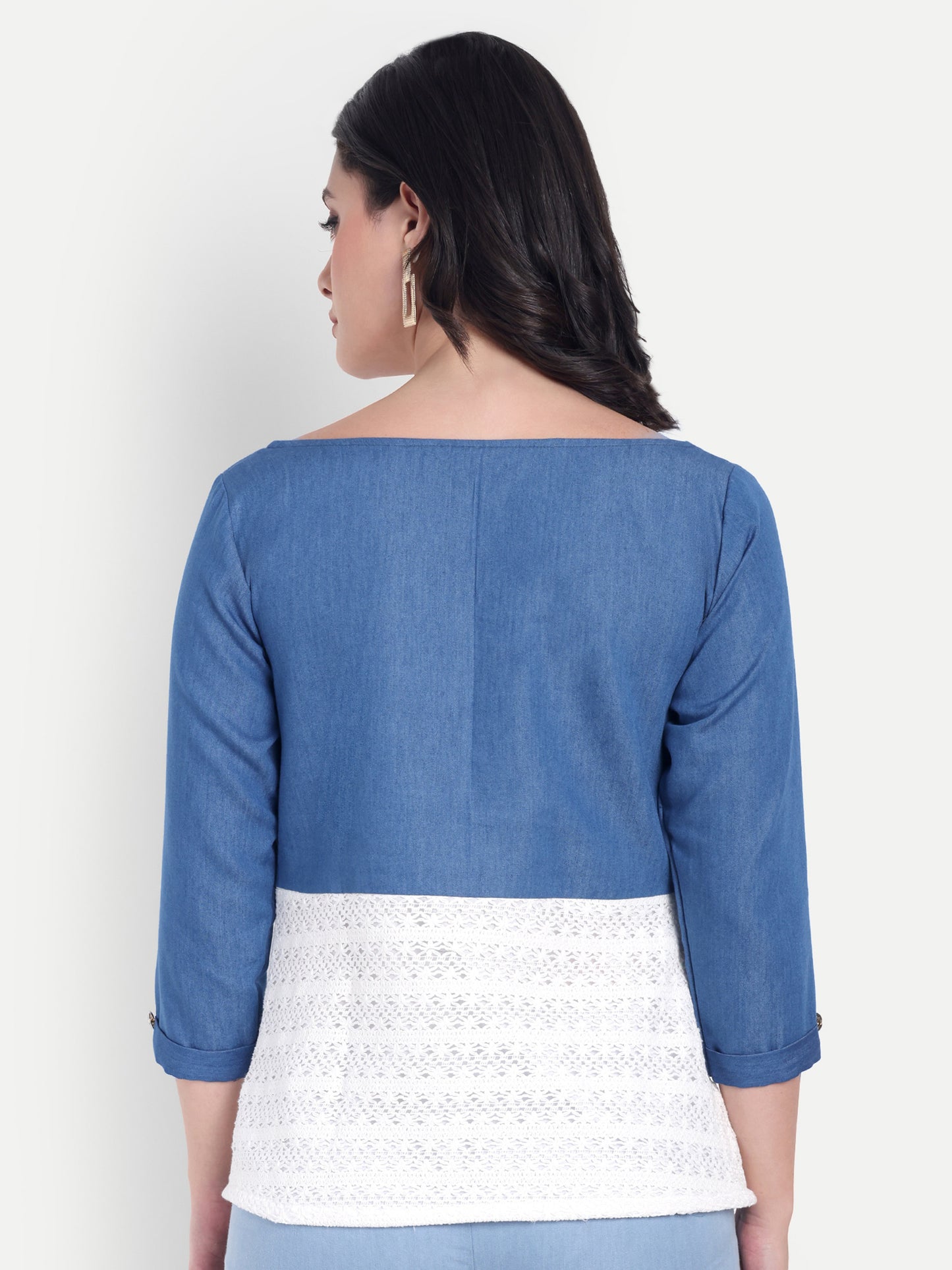 Blue denim top and white crotia cowl top with sleeves EWTP0030-BLUTC
