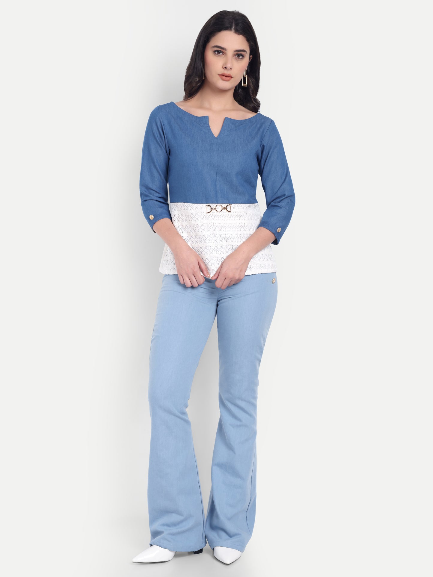 Blue denim top and white crotia cowl top with sleeves EWTP0030-BLUTC