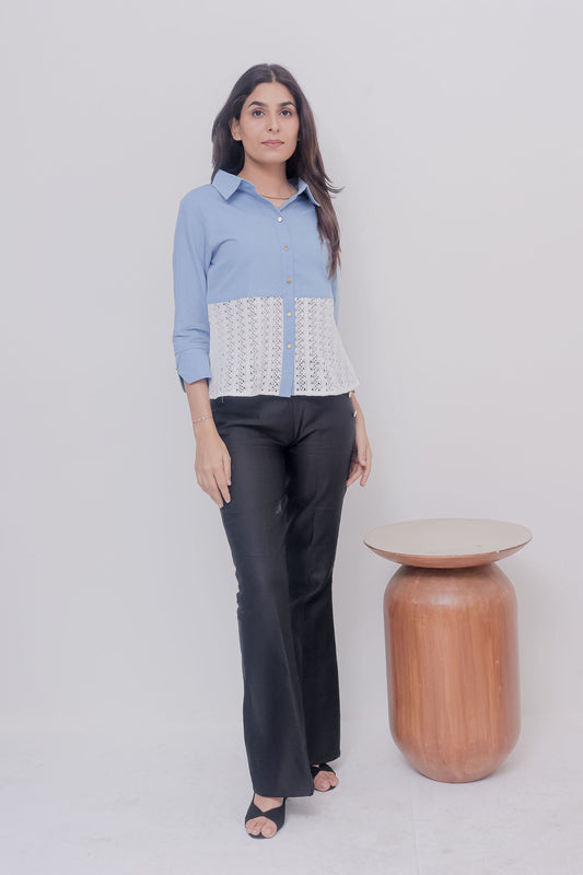 Light denim and crochet quarter sleeves shirt with gold buttons-Esseneur