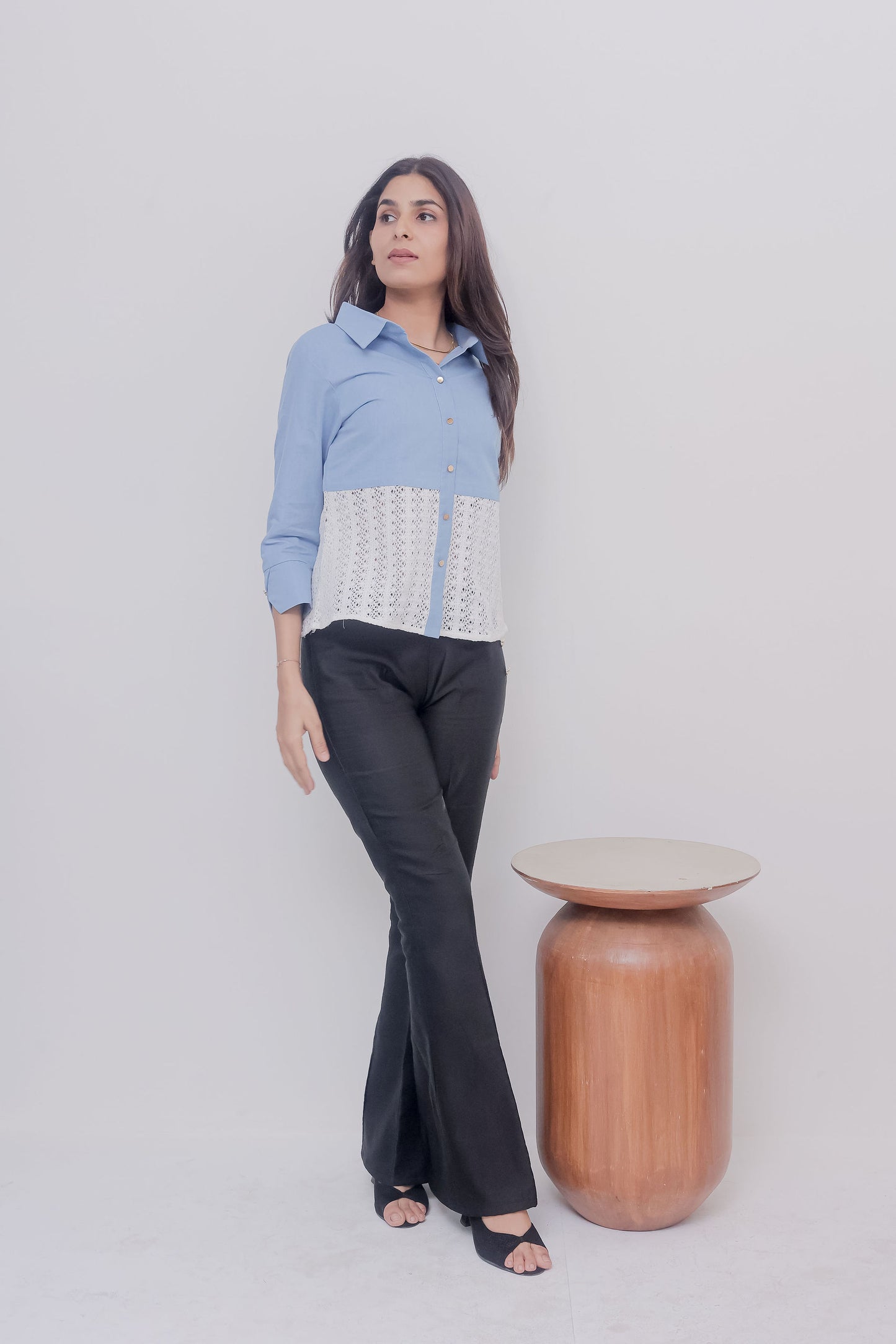 Light denim and crochet quarter sleeves shirt with gold buttons-Esseneur