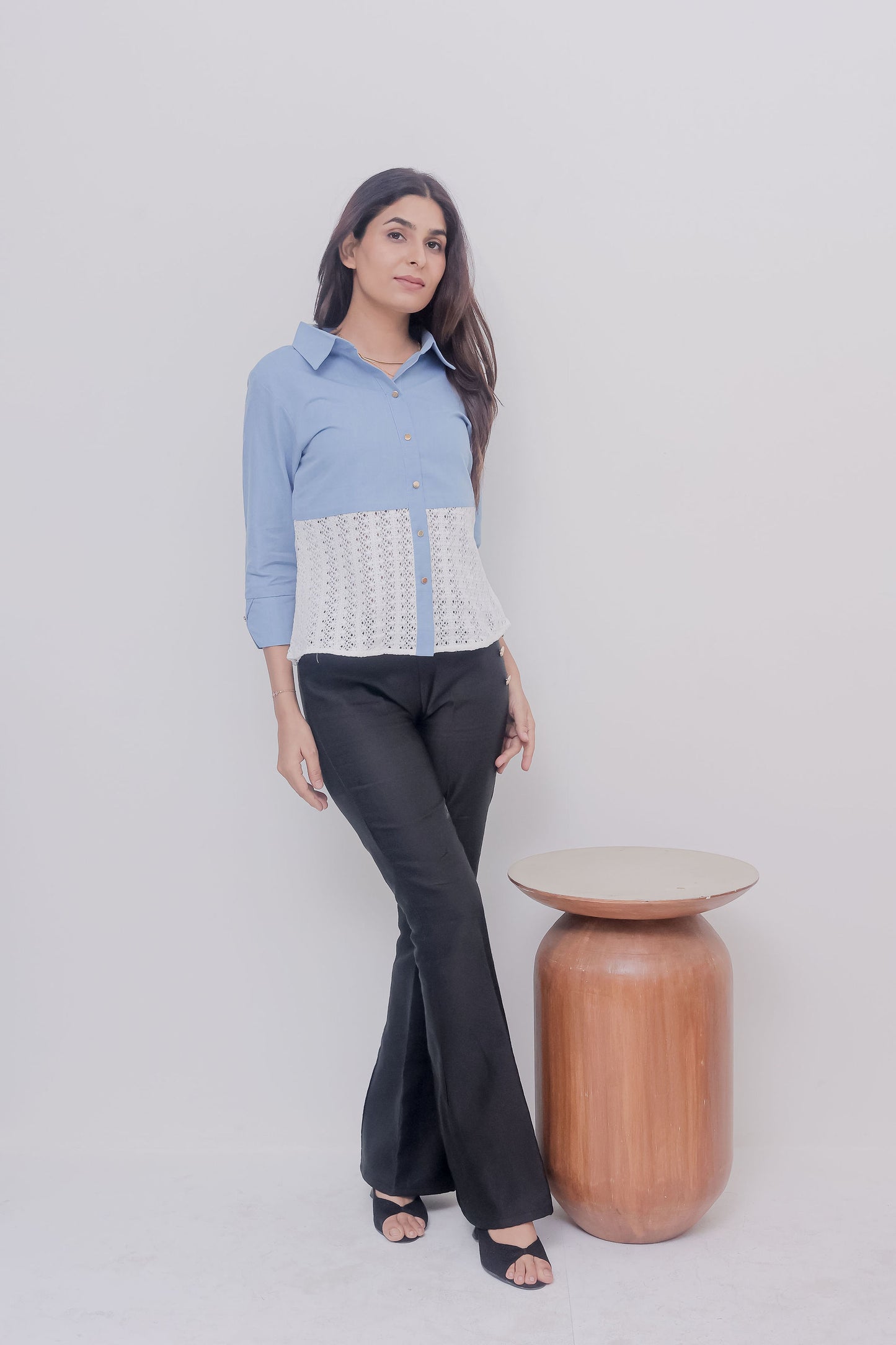 Light denim and crochet quarter sleeves shirt with gold buttons-Esseneur