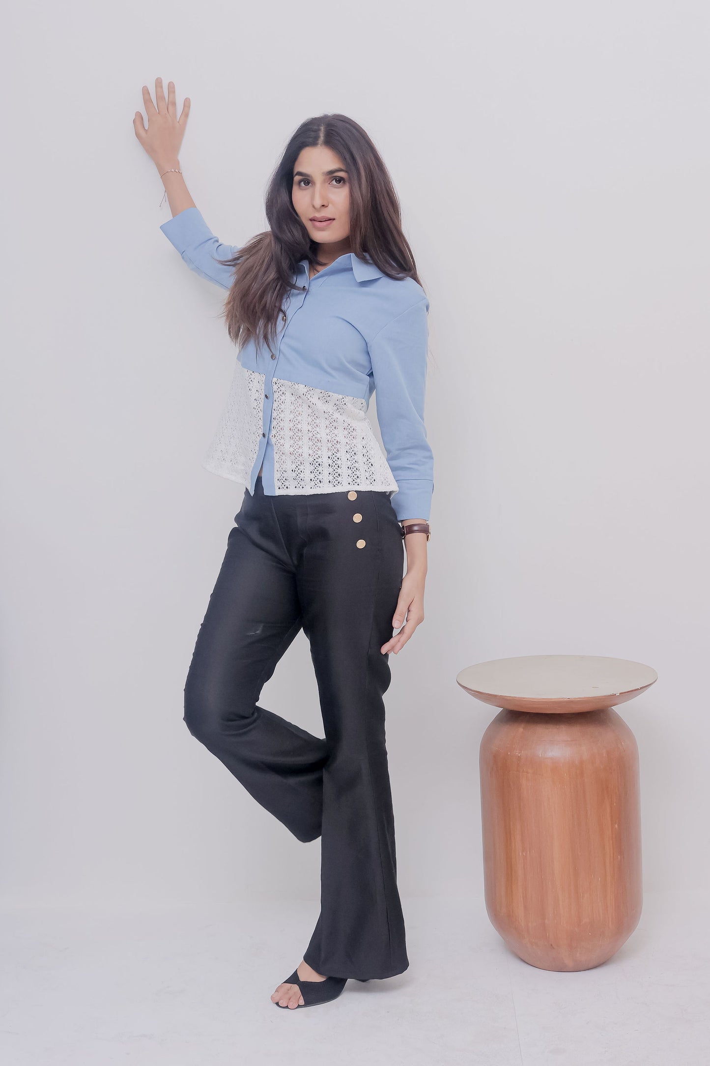 Light denim and crochet quarter sleeves shirt with gold buttons-Esseneur