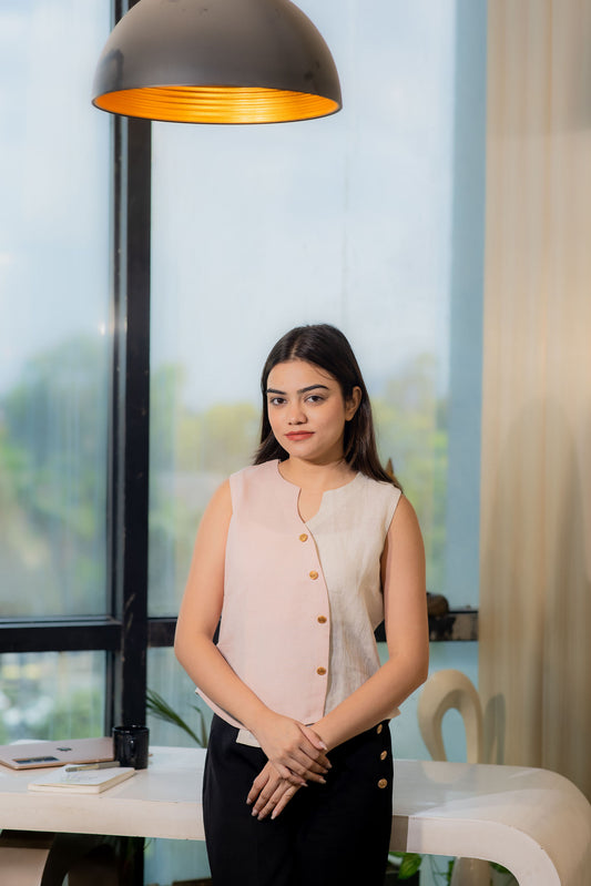 Light orange and cream flap pattern linen top-Esseneur