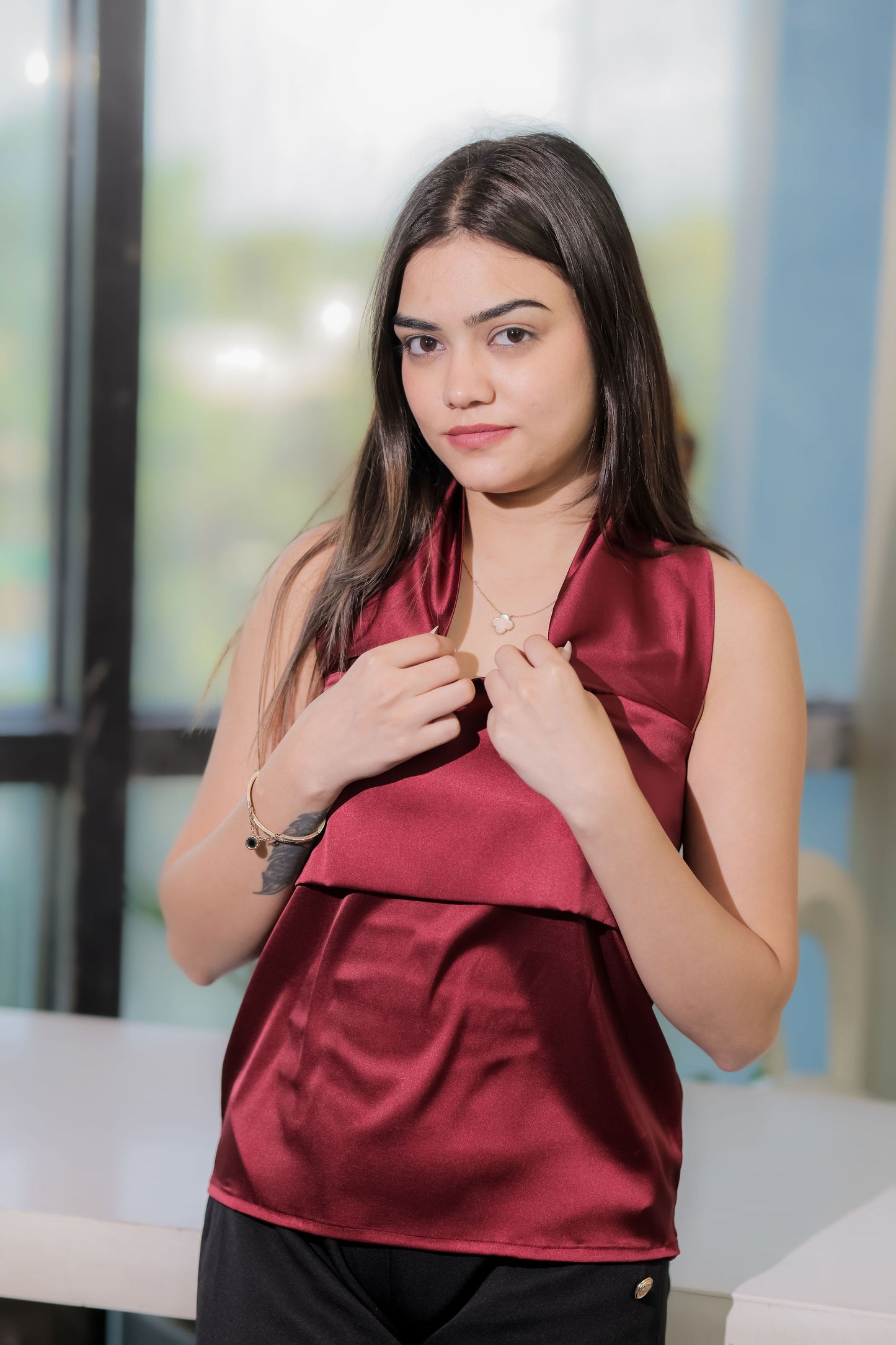 Maroon Boxy sleeveless halterneck top- esseneur.