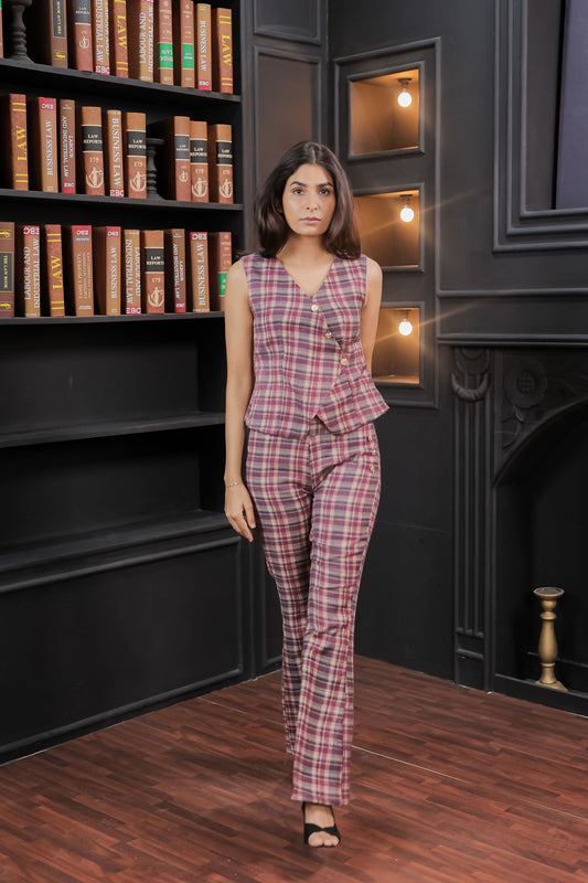 Maroon check co ord set with gold buttons-Esseneur